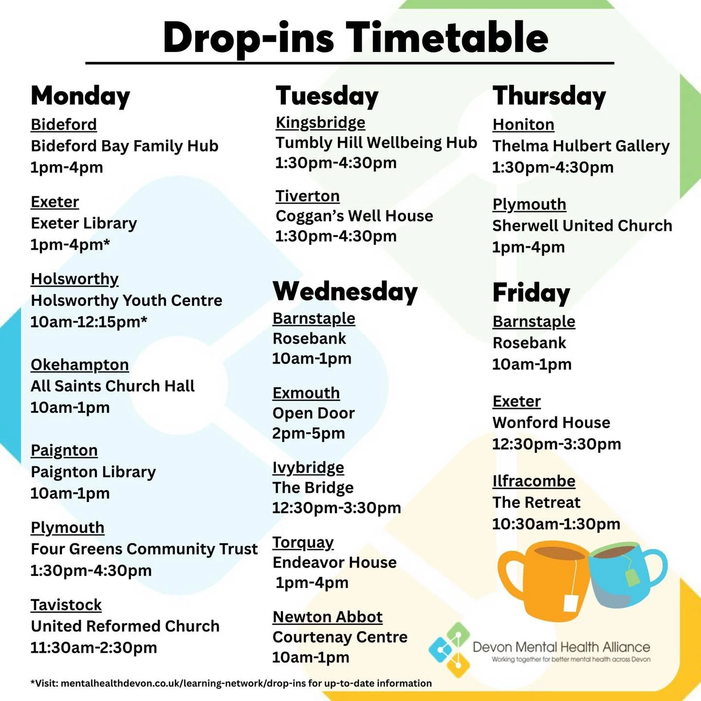New Timetable Update❗️We have some updates to our Mental Health and Recovery Drop-ins:

👉 Plymouth&rsquo;s City Centre Drop-in will now run  at Sherwell United Church every Thursday 1-4pm

👉 Bideford Drop-in will now run from Bideford Bay Family Hu