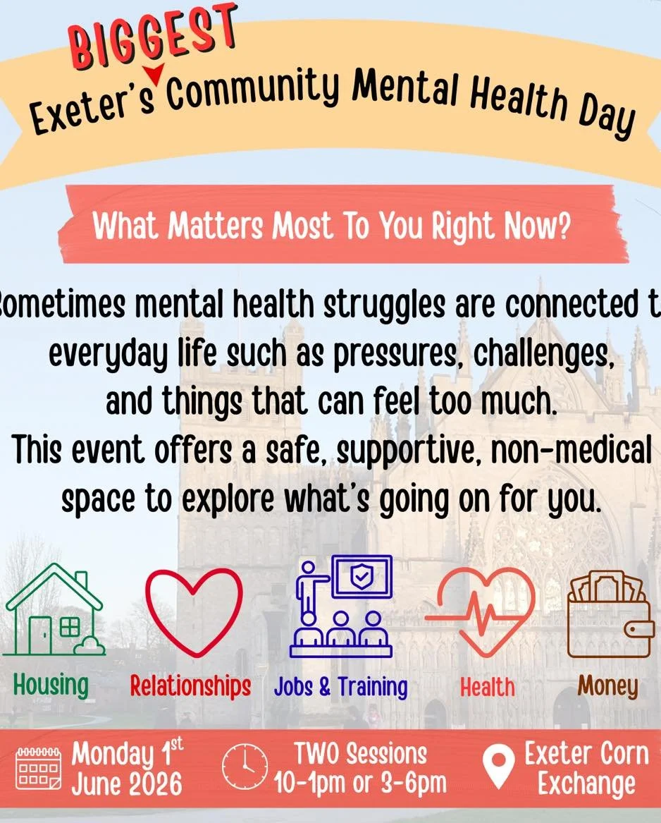 ✨Exeter&rsquo;s BIGGEST EVER Community Mental Health Day✨

On Monday 1st June 2026, @colabexeter  going to run Exeter&rsquo;s BIGGEST EVER Community Mental Health Day at the Corn Exchange. 

The aim on the day is to showcase what else is on offer to 