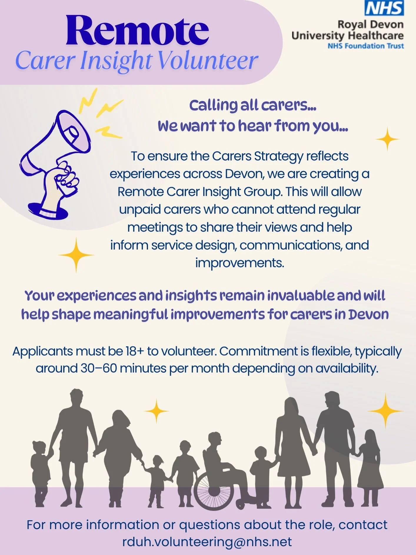 Could you help Royal Devon University Healthcare NHS Foundation Trust to ensure carers&rsquo; voices are heard and reflected in future services?

If you&rsquo;re an unpaid carer aged 18+, you can get involved in shaping improvements for carers in Dev