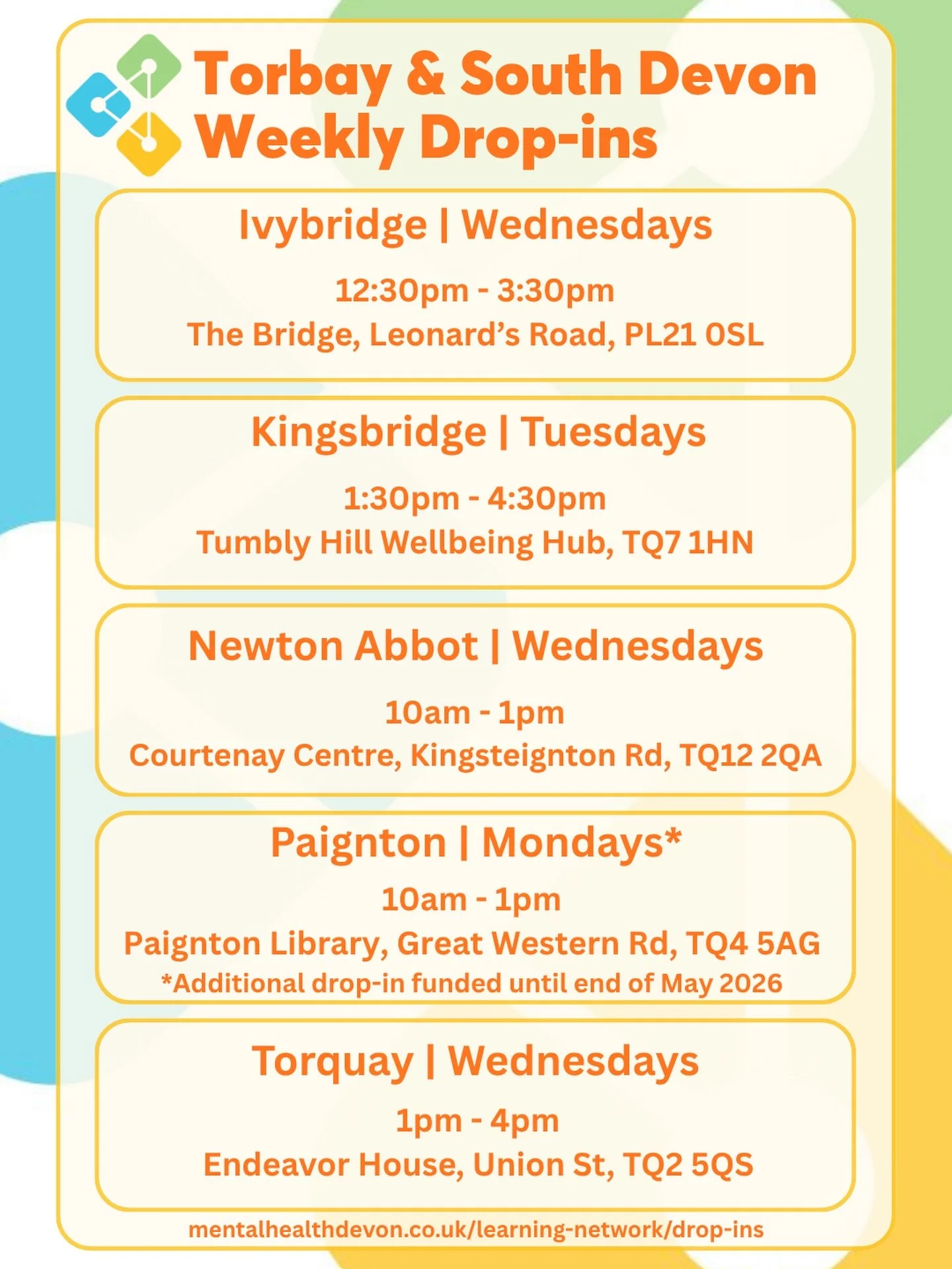 This week is Mental Health Awareness Week, to celebrate we are shining a light on our weekly Mental Health &amp; Recovery Drop-ins across Devon. 

Each day we will be highlighting one Devon area: Northern Devon, Exeter, East &amp; Mid Devon, Torbay &