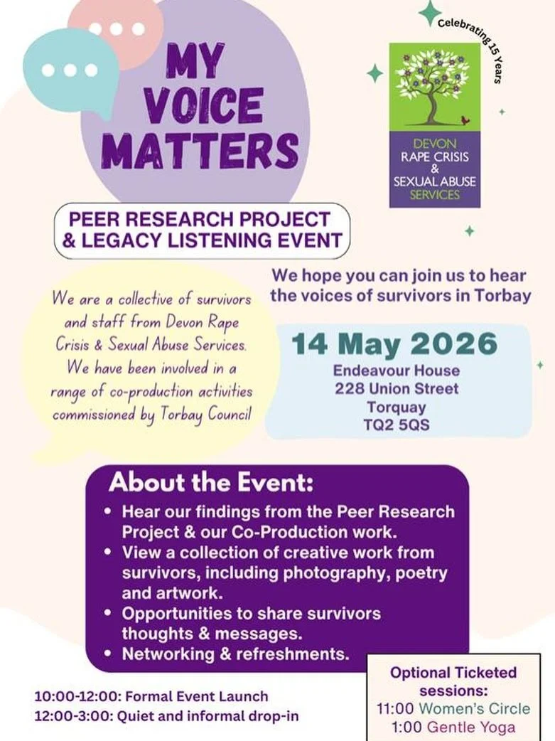@shekinahcharity &amp; @devonrapecrisis are hosting their My Voice Matters &ndash; Peer Research Project &amp; Legacy Listening Event this Thursday 14th May at Endeavour House, Torquay.

This important event brings together survivors and staff from D
