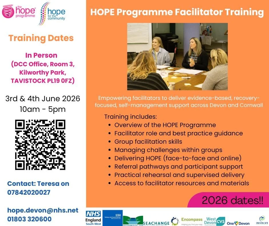 Opportunity: HOPE Programme Facilitator Training

Are you a Devon-based individual interested in supporting communities to improve their wellbeing? 

The HOPE course is looking to grow their team of facilitators. Empowering you to deliver evidence-ba