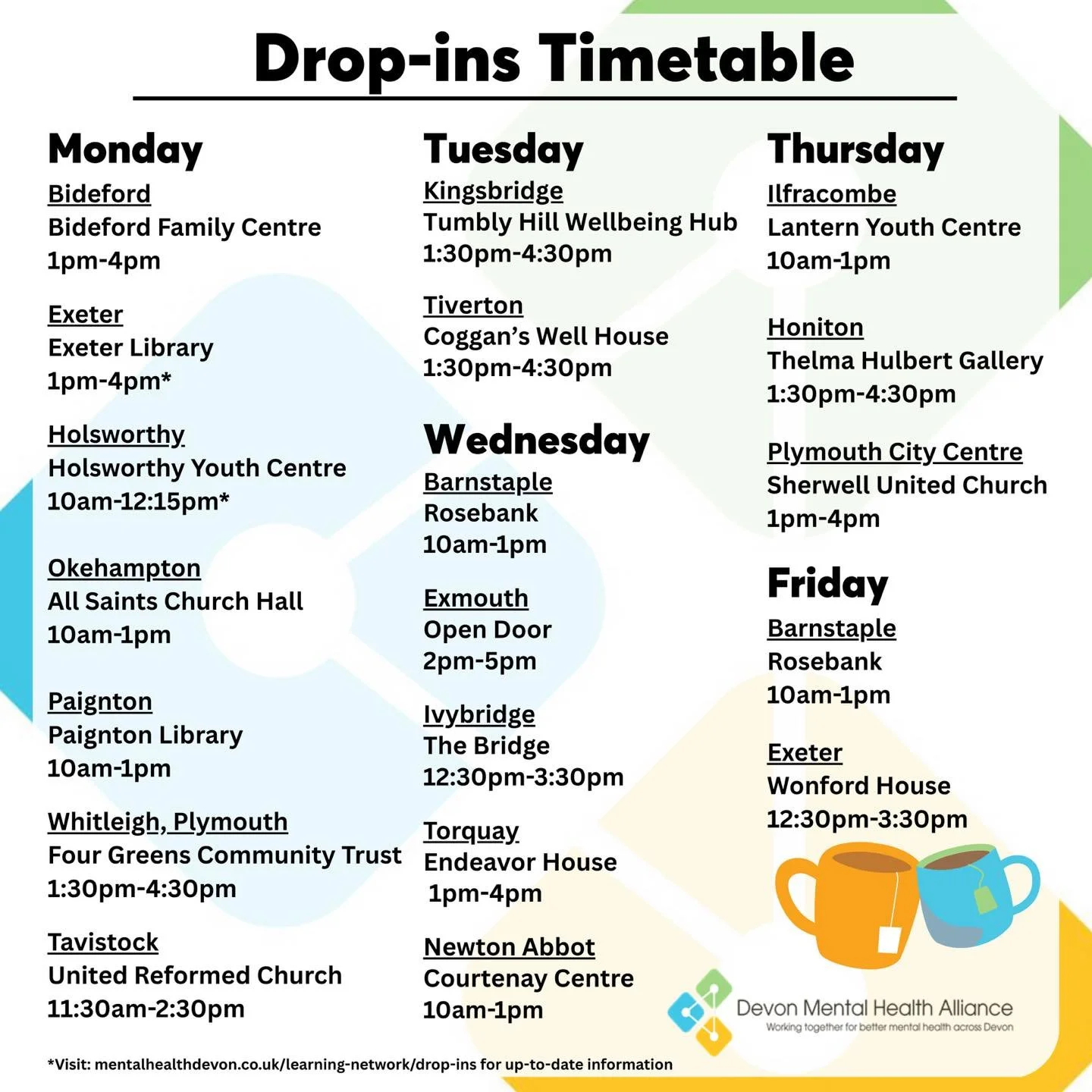 📣NEW DROP-INS TIMETABLE FOR JUNE!📣

We are delighted to provide our updated drop-ins timetable with a special announcement&hellip;

We will have 3 new drop-ins opening next week in Plymouth! From Monday 8th June, we will be opening weekly drop ins 