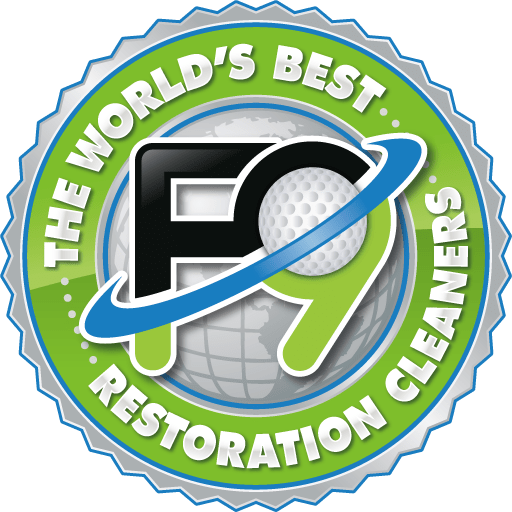 Logo for the world's best restoration cleaners featuring a black and green 'P' with a golf ball and a swoosh, surrounded by a green and blue circular badge.