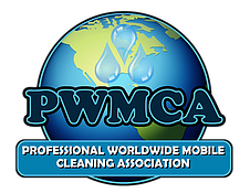Logo of the Professional Worldwide Mobile Cleaning Association featuring a globe and a cleaning tool with the abbreviation 'PWMCA'