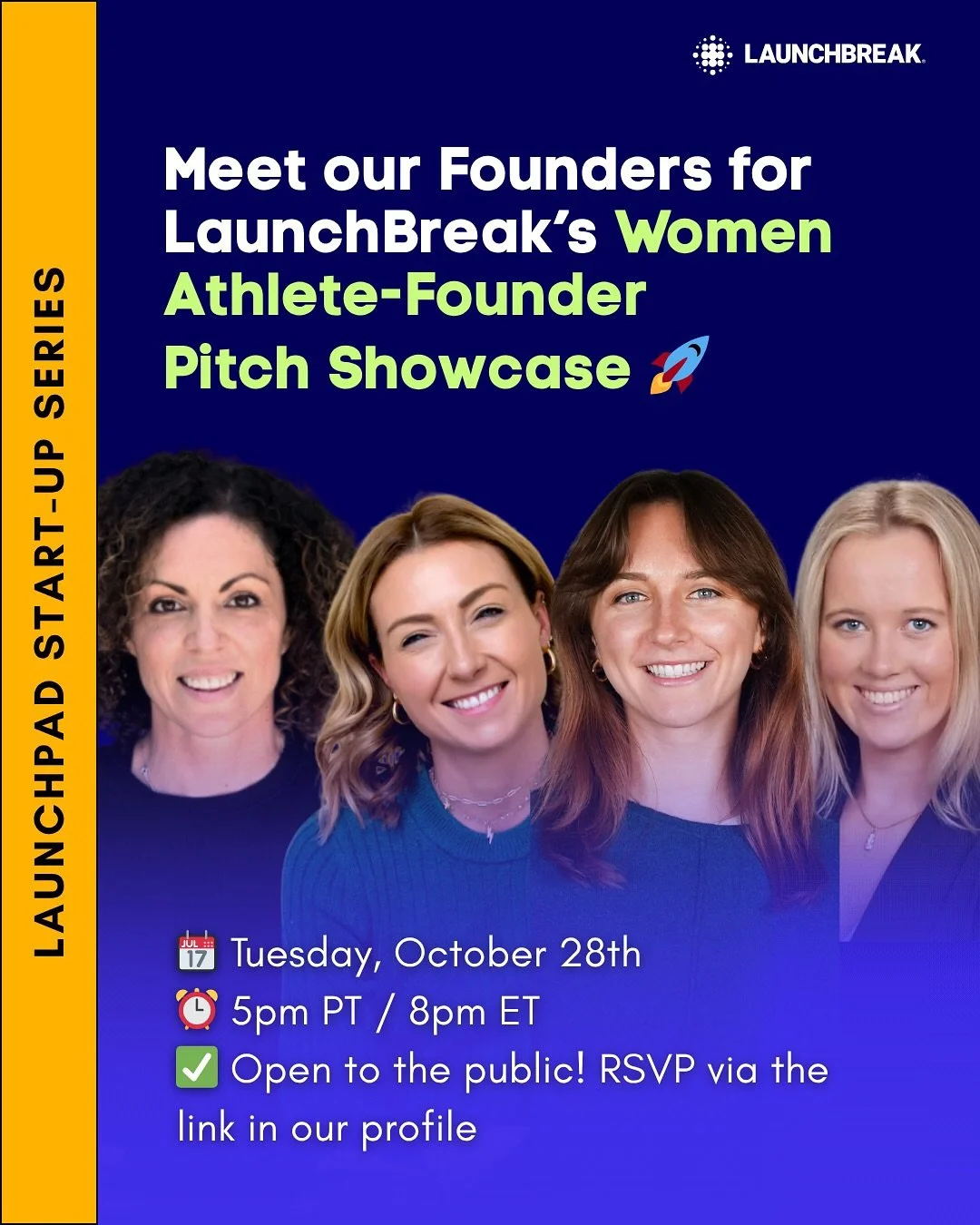 Swipe to meet our women athlete founders for our 2nd Pitch Showcase! 🚀 These 4 women were selected through a transparent call for applications and we&rsquo;re so excited to share what they are building to the public!

✅ RSVP using the link in our pr