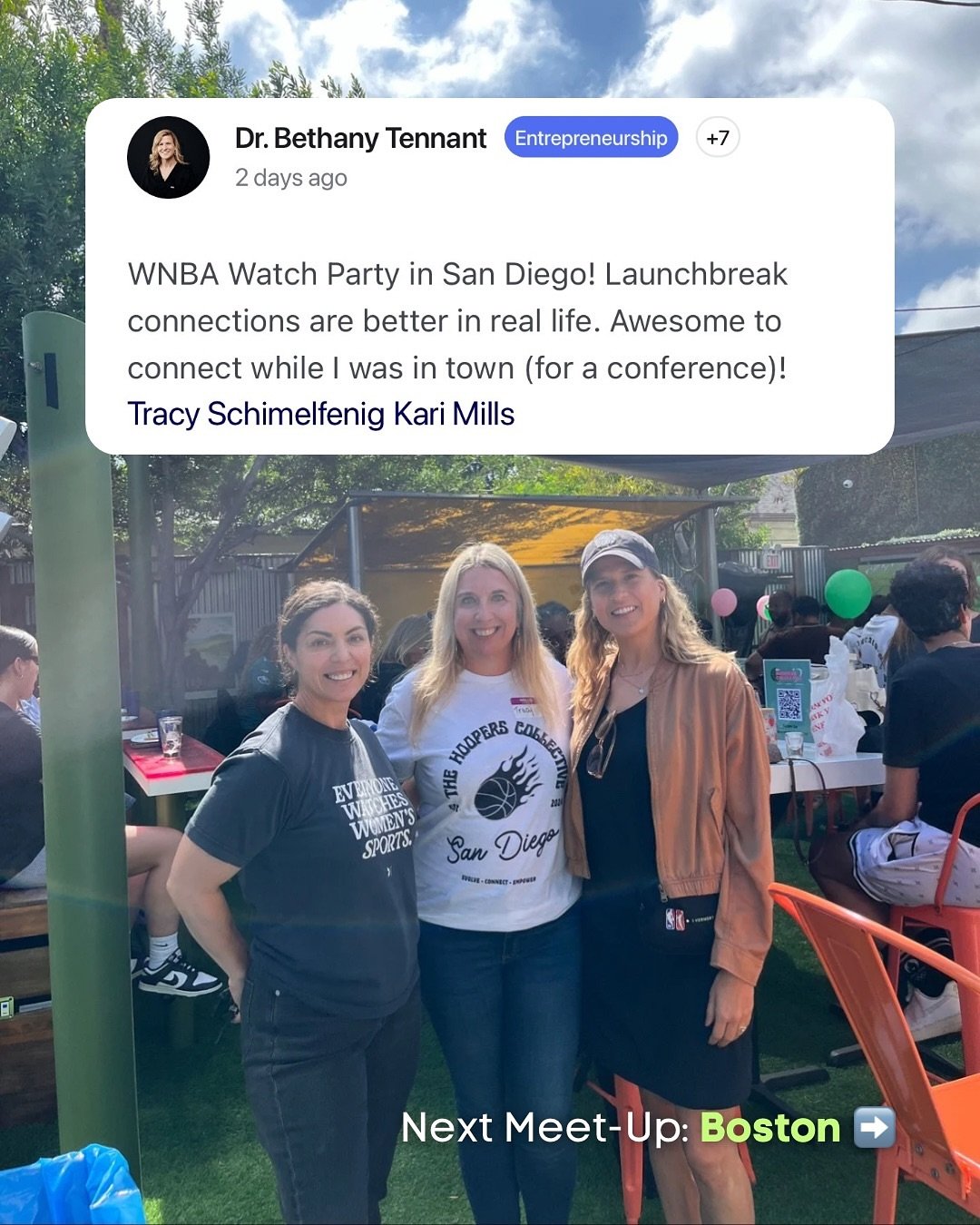 Last week, LaunchBreak members met up in San Diego at a WNBA Watch Party hosted by @thehooperscollective 🚀

📌 Our next meetup is tomorrow (Oct 15th) in Boston! 

✅ Comment &lsquo;join&rsquo; below to receive a link to join our free women athlete co