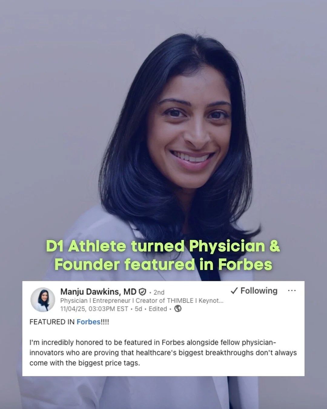Please join us in congratulating LaunchBreaker &amp; D1 Basketball Player turned Physician/Founder of @thimble.health , Manju Dawkins as she was featured in Forbes last week 🚀 

&ldquo;FEATURED IN Forbes!!!!

I&rsquo;m incredibly honored to be featu