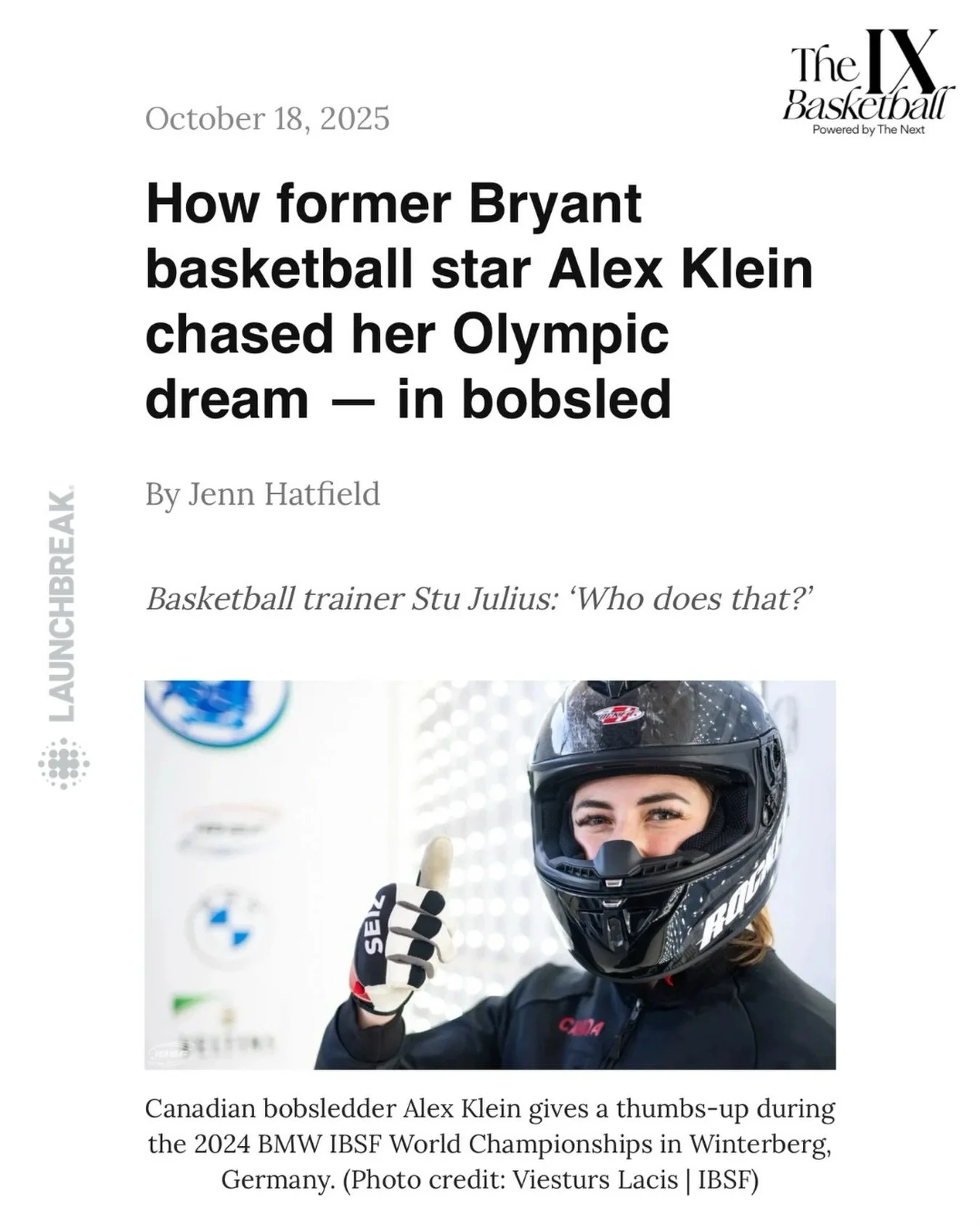 When Jenn met Alex inside LaunchBreak, she knew Alex&rsquo;s story was too powerful not to share. The result? An article on @theixbasketball 🚀

&ldquo;In fall 2017, Alex Klein was having the time of her life playing in Luxembourg. It was her first p