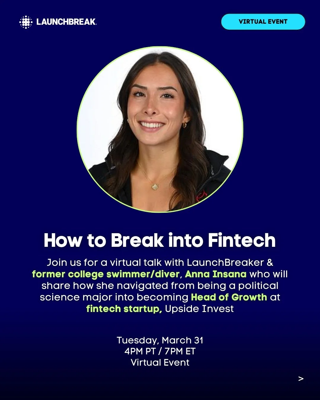 We don&rsquo;t know who needs to here this, but your major doesn&rsquo;t define your career 👀

LaunchBreaker &amp; former swimmer/diver, Anna Insana pivoted from poli sci to fintech and next week she&rsquo;s telling us how. Details below ⬇️

🗓️ Wed