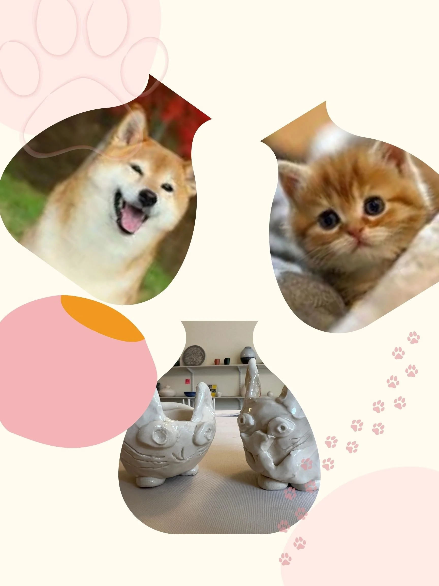 A decorative collage features two photographs of animals and three ceramic animal sculptures. The first photograph shows a happy dog with a happy expression, standing outdoors on grass, with autumn trees in the background. The second photograph is of a fluffy orange kitten with large, expressive eyes, lying on a soft surface. The ceramic sculptures at the bottom are white and resemble rabbits with round faces and long ears, placed on a table.