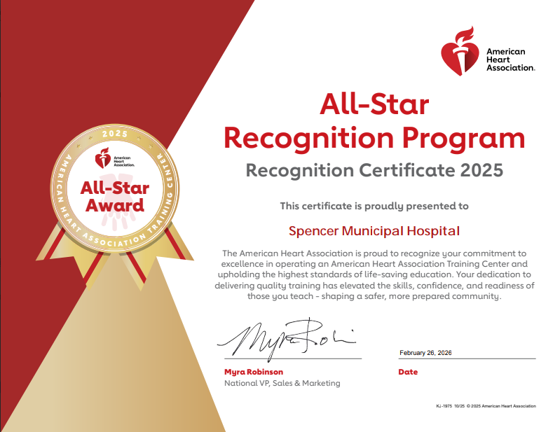 Spencer Hospital Training Center Recognized as American Heart Association All-Star