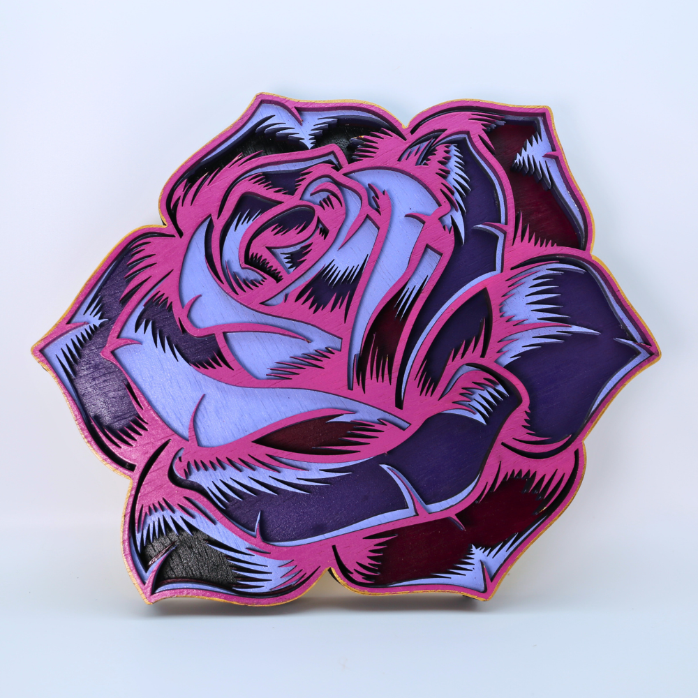 Hand-Painted 3D Rose Wood Art - Purple Yellow Red Pink - Original