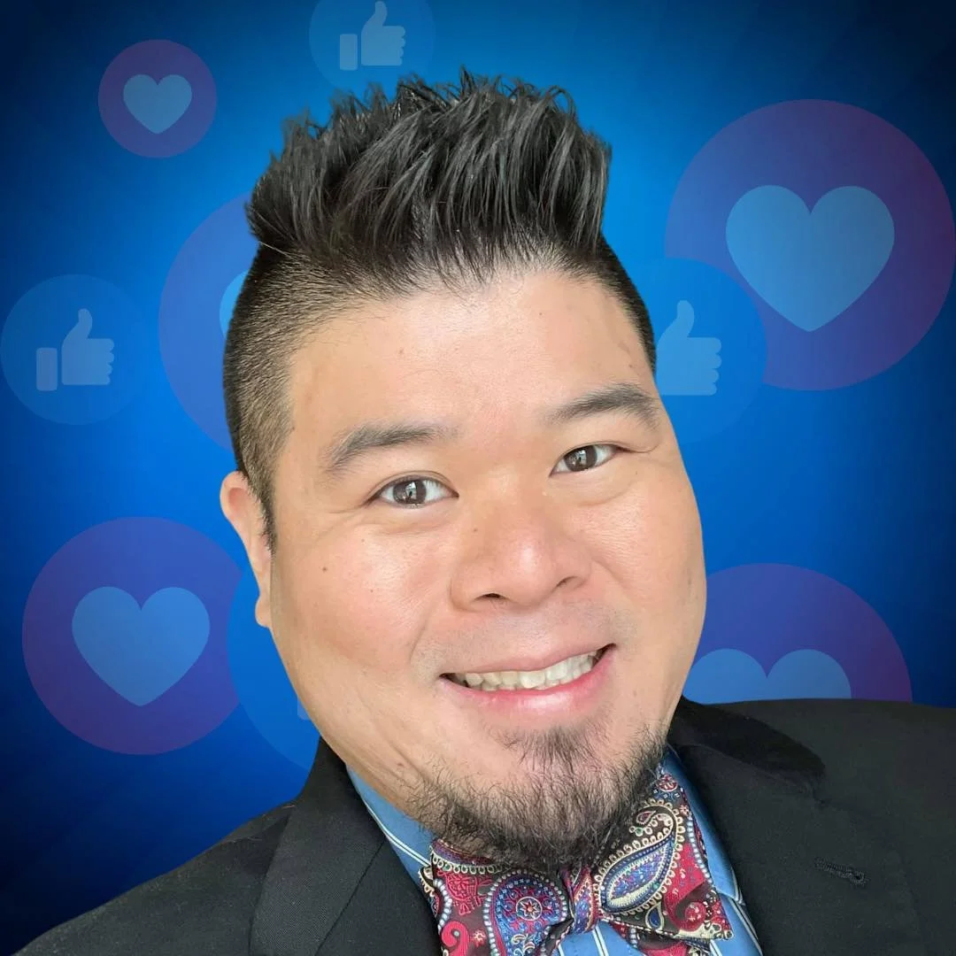 Smiling man with spiky hair and patterned bow tie against blue background with social media icons.