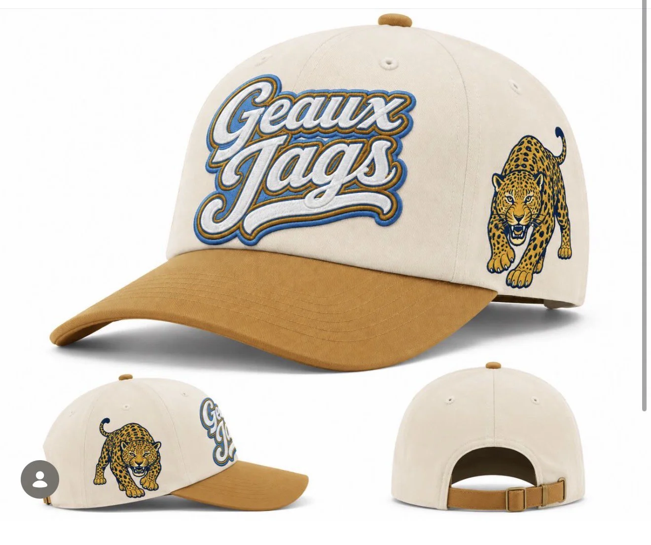 The "Geaux Jags" Twill Hat in Columbia Blue/Wheat/White/Gold