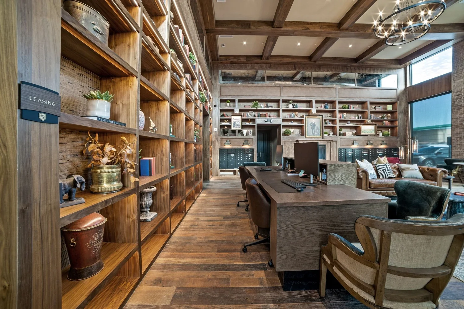 Library corridor with walnut shelving