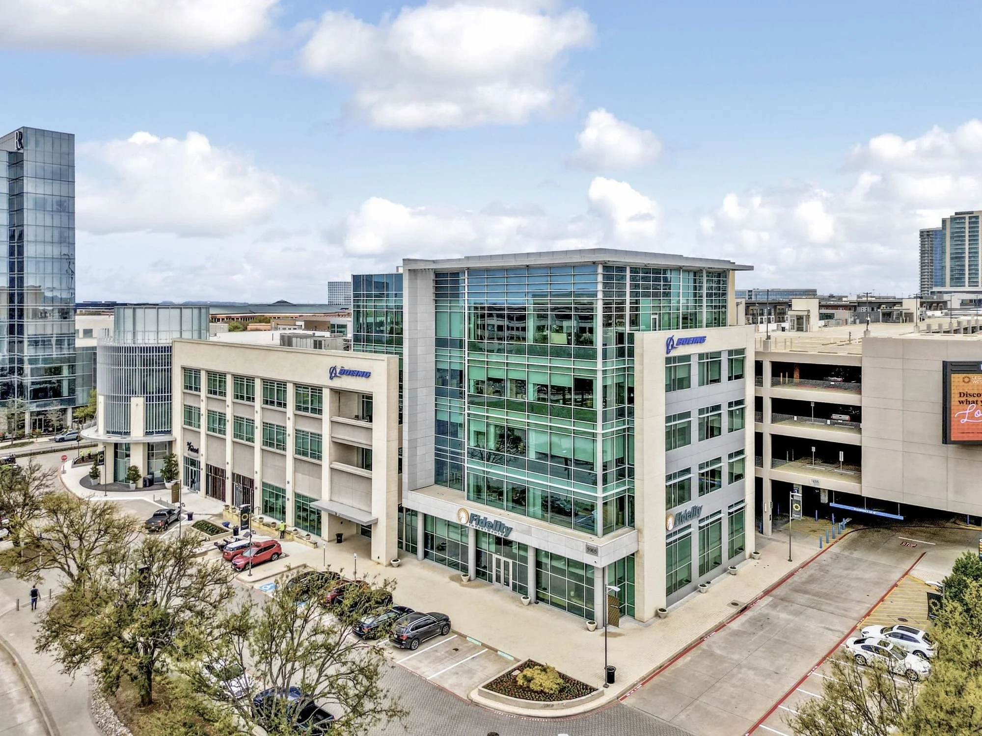 Elevated daytime view of the Legacy Drive office building