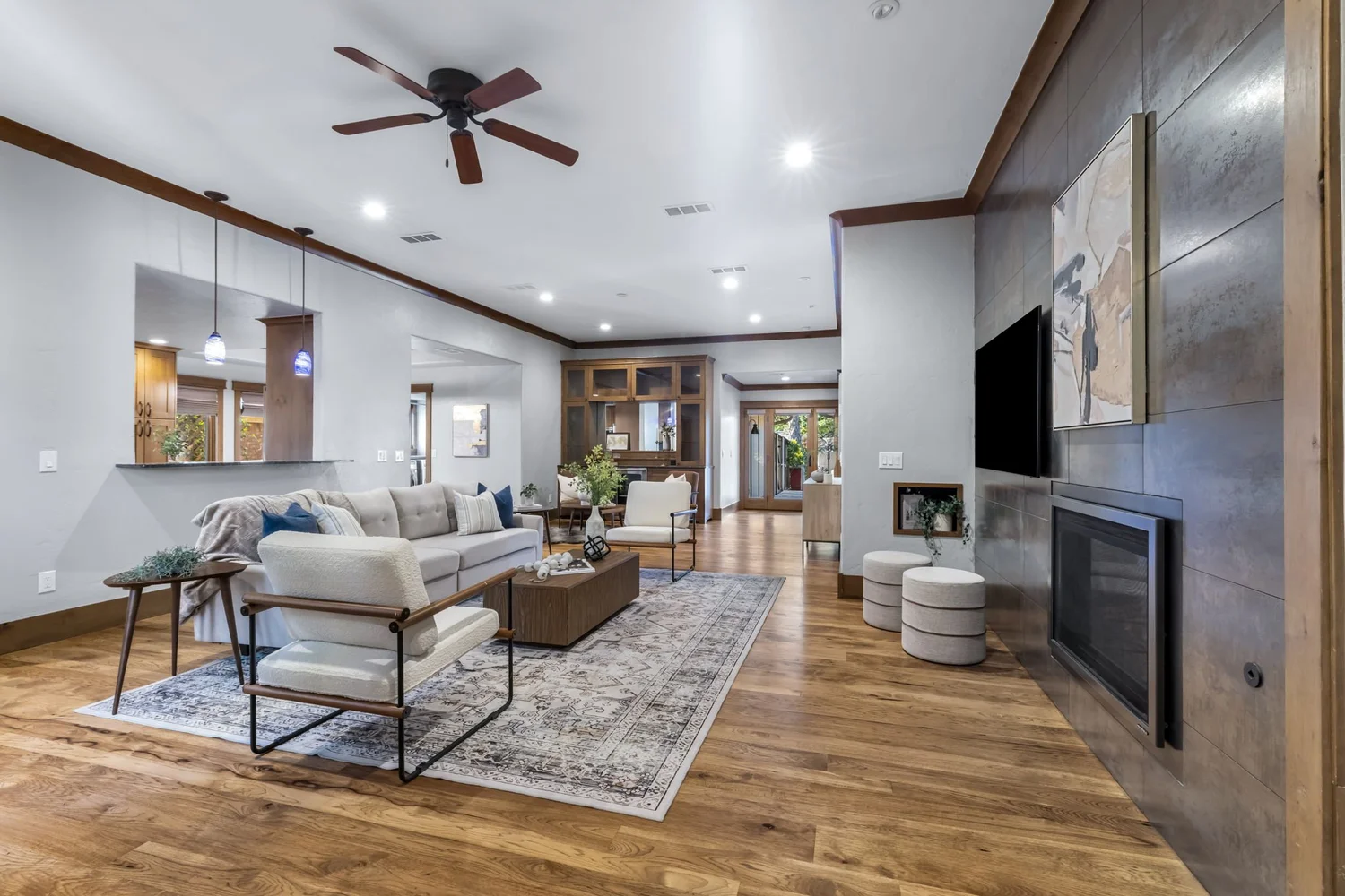 Open living room with fireplace