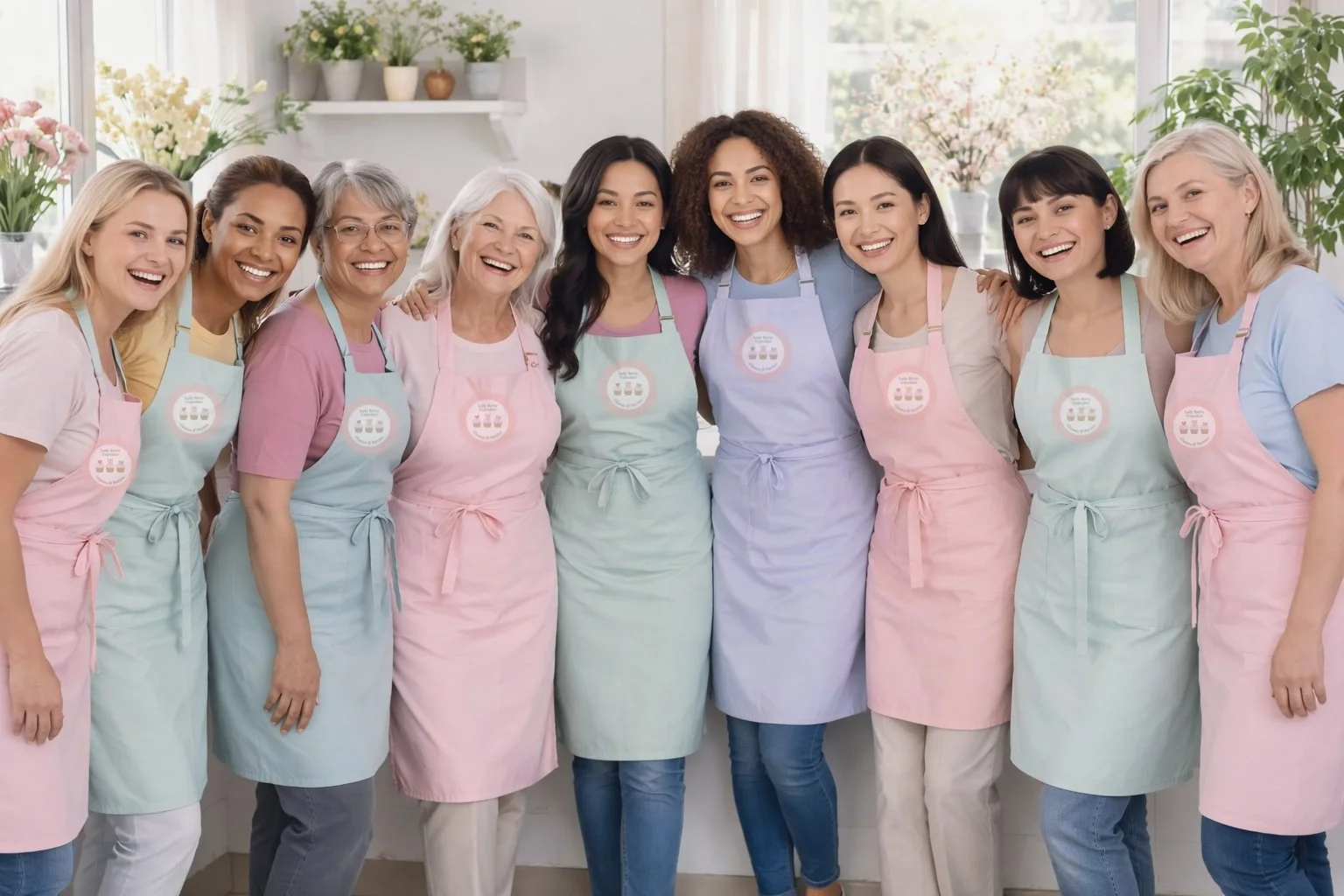 A group of women for international women's day smiling wearing aprons