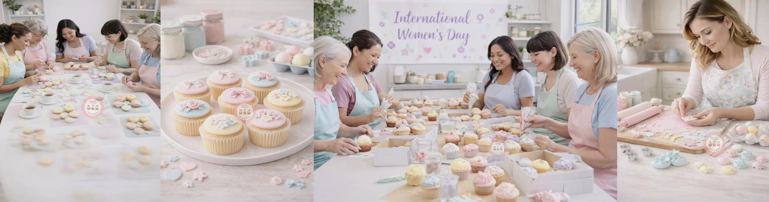 Women at a team building events for international women's day sitting around a table decorating cupcakes