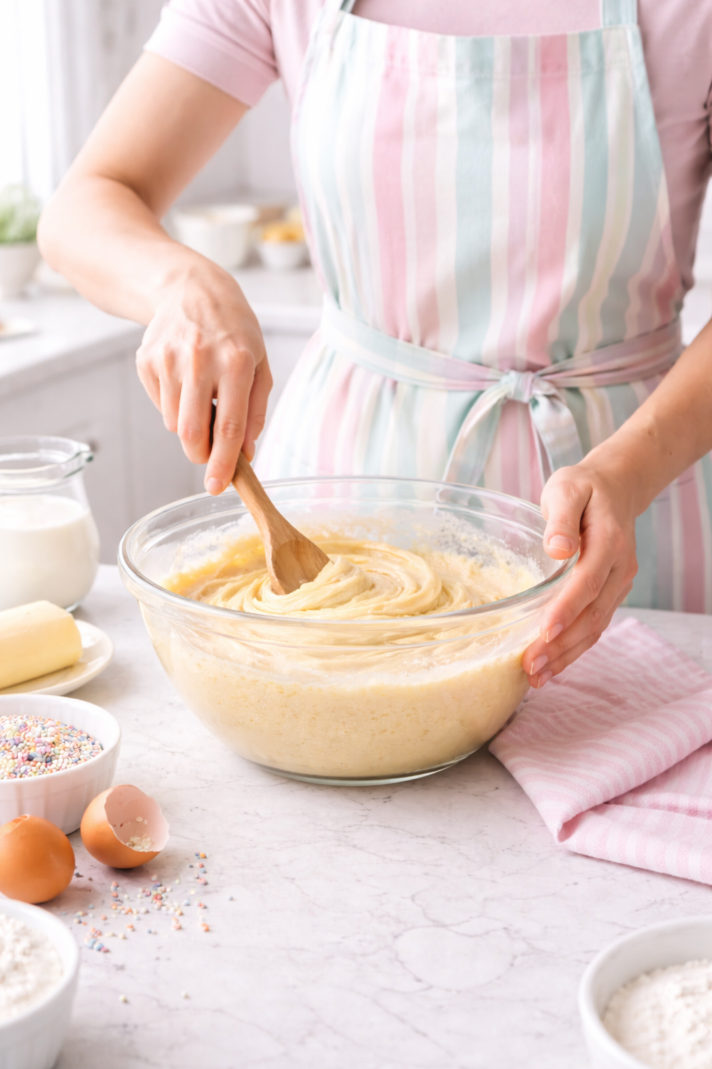 A bowl of cake mix ready to be used to create stuffed cupcakes
