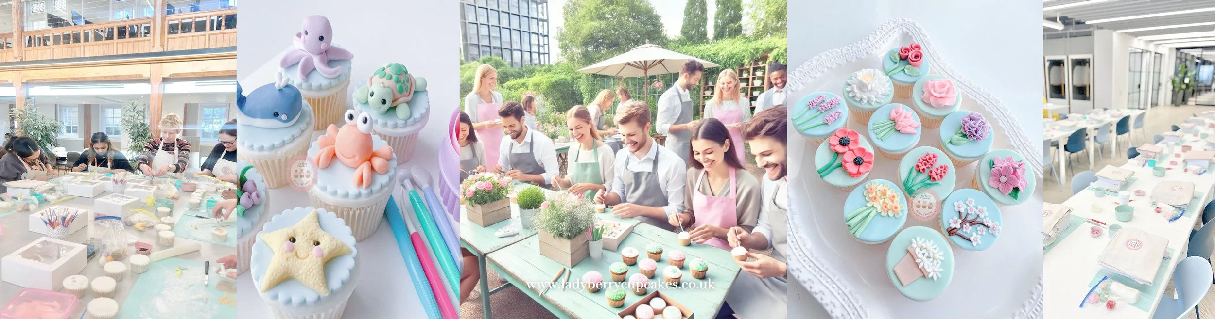 Corporate team-building cupcake decorating class with colleagues collaborating and designing colourful cupcakes.
