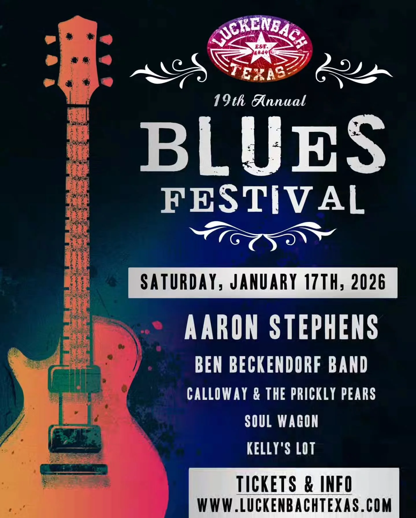 🎟 LINK IN BIO for our 19th Annual Blues Festival on Jan. 17th, 2026! 🎸Line-Up: Aaron Stephens, Ben Beckendorf Band, Calloway &amp; The Prickly Pears, Soul Wagon, &amp; Kelly's Lot

Just 12.5 miles from downtown @visitfredtx
#luckenbachbluesfest #Lu