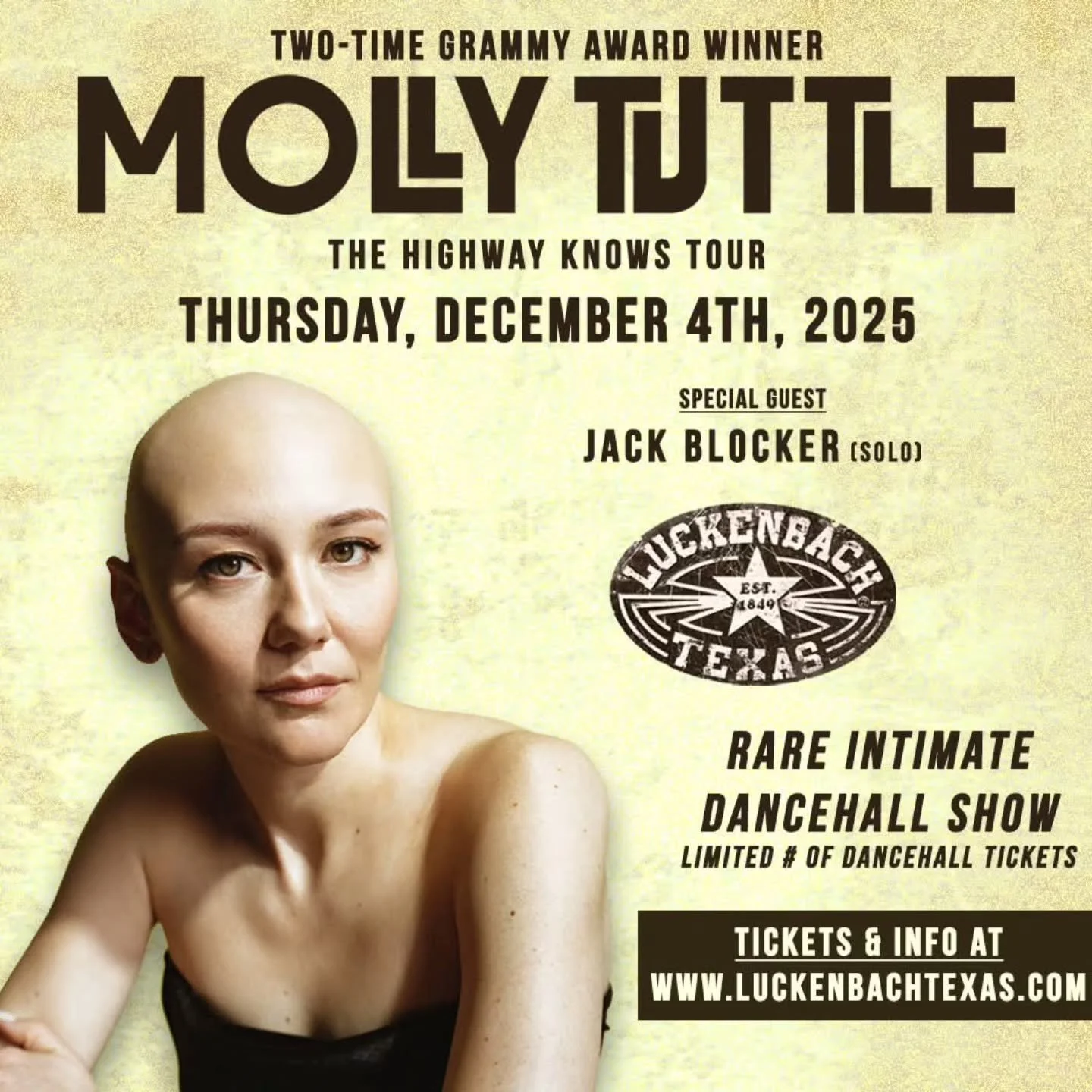 ⚡️TONIGHT Grammy Award Winning artist Molly Tuttle takes the Luckenbach dancehall stage for a rare intimate show, w/special guest Jack Blocker! Doors at 6pm &amp; Show at 7pm: 🎟 LINK IN BIO 

#mollytuttle #LuckenbachTexas #EverybodysSomebody