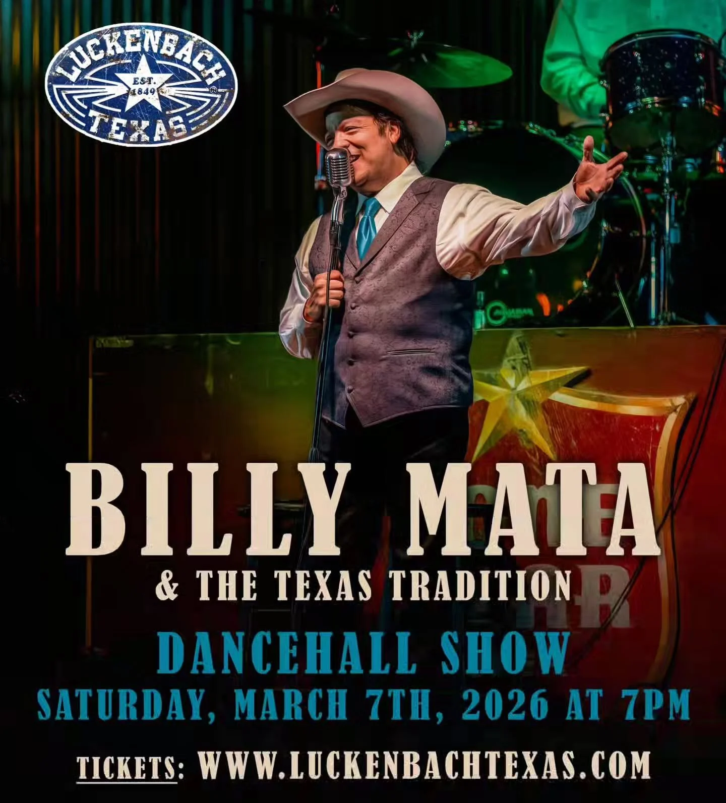 SHOW ANNOUNCEMENT🤠 Billy Mata and The Texas Tradition will be bringing their authentic Western Swing to the Luckenbach Dancehall on March 7th, 2026! 🎟 on sale Dec. 19th at 10am https://bit.ly/4s1hnBJ

Just 12.5miles from downtown Visit Fredericksbu
