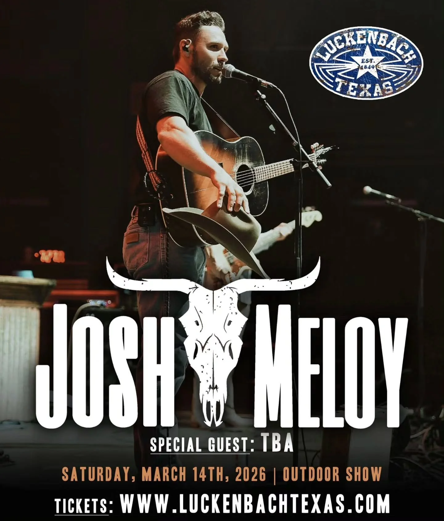 🔥SHOW ANNOUNCEMENT!! @joshmeloymusic returns to Luckenbach Texas on March 14th, 2026! 🎟 go on sale Dec. 24th at 10am CT LINK IN BIO 

#LuckenbachTexas #EverybodysSomebody #joshmeloy
Just 12.5miles from downtown Visit Fredericksburg TX