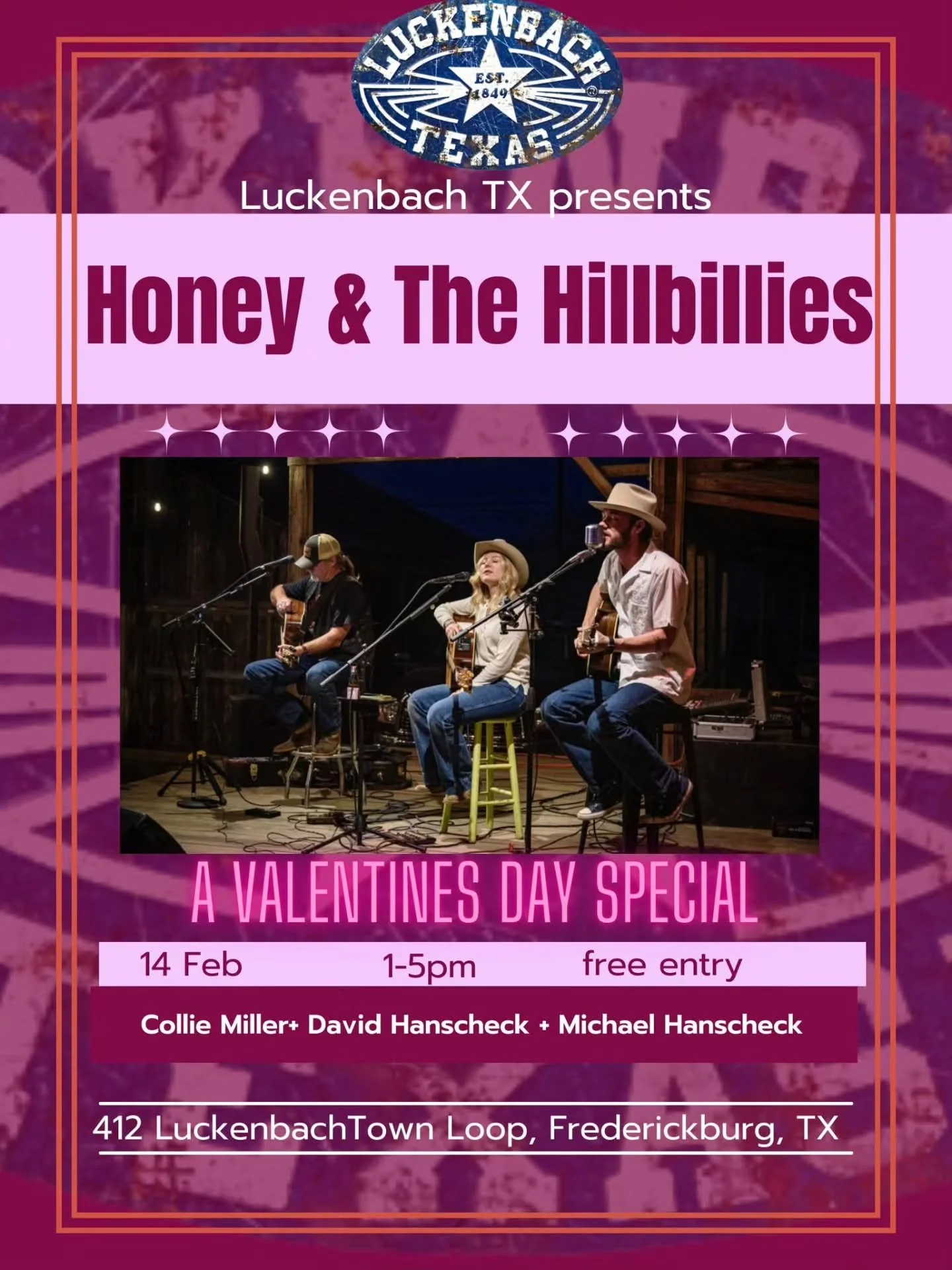 💕 Honey &amp; The Hillbillies Valentine's Day Special 💕FREE SHOW on February 14th from 1-5pm!

#LuckenbachLove #LuckenbachTexas #EverybodysSomebody #valentinesday