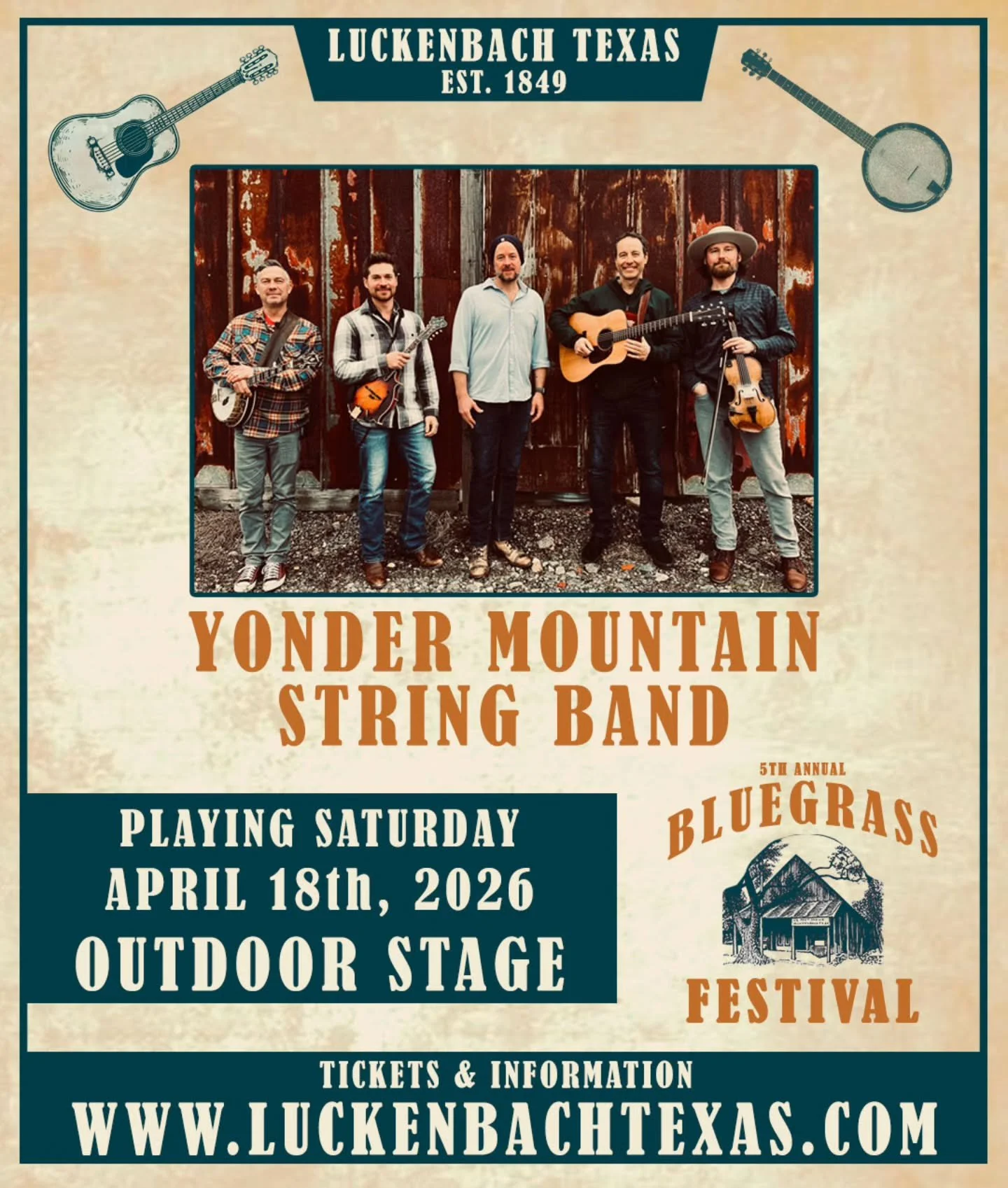 🪕 Don't miss the Grammy-nominated Yonder Mountain String Band, who will be headlining our 5th Annual Bluegrass Festival on April 18th! Also, performing will be Volume Five, Shelby Means Trio, The Fretliners, &amp; Luke Bulla! 🎟 LINK IN BIO 

#Lucke