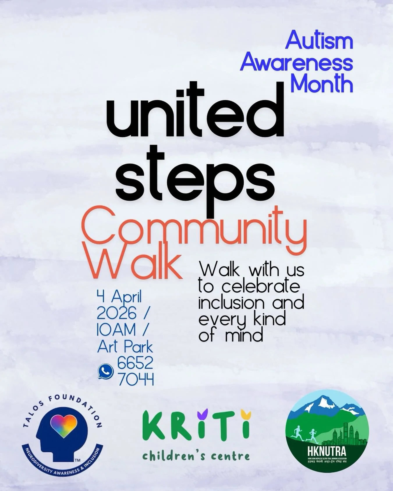 Join Kriti Children&rsquo;s Centre for our Community Walk on 4 April 2024 to celebrate Autism Awareness Month. Bring your family, friends, and positive vibes&mdash;everyone&rsquo;s welcome! 

DM or text 6652 7044 so we can look forward to seeing you.