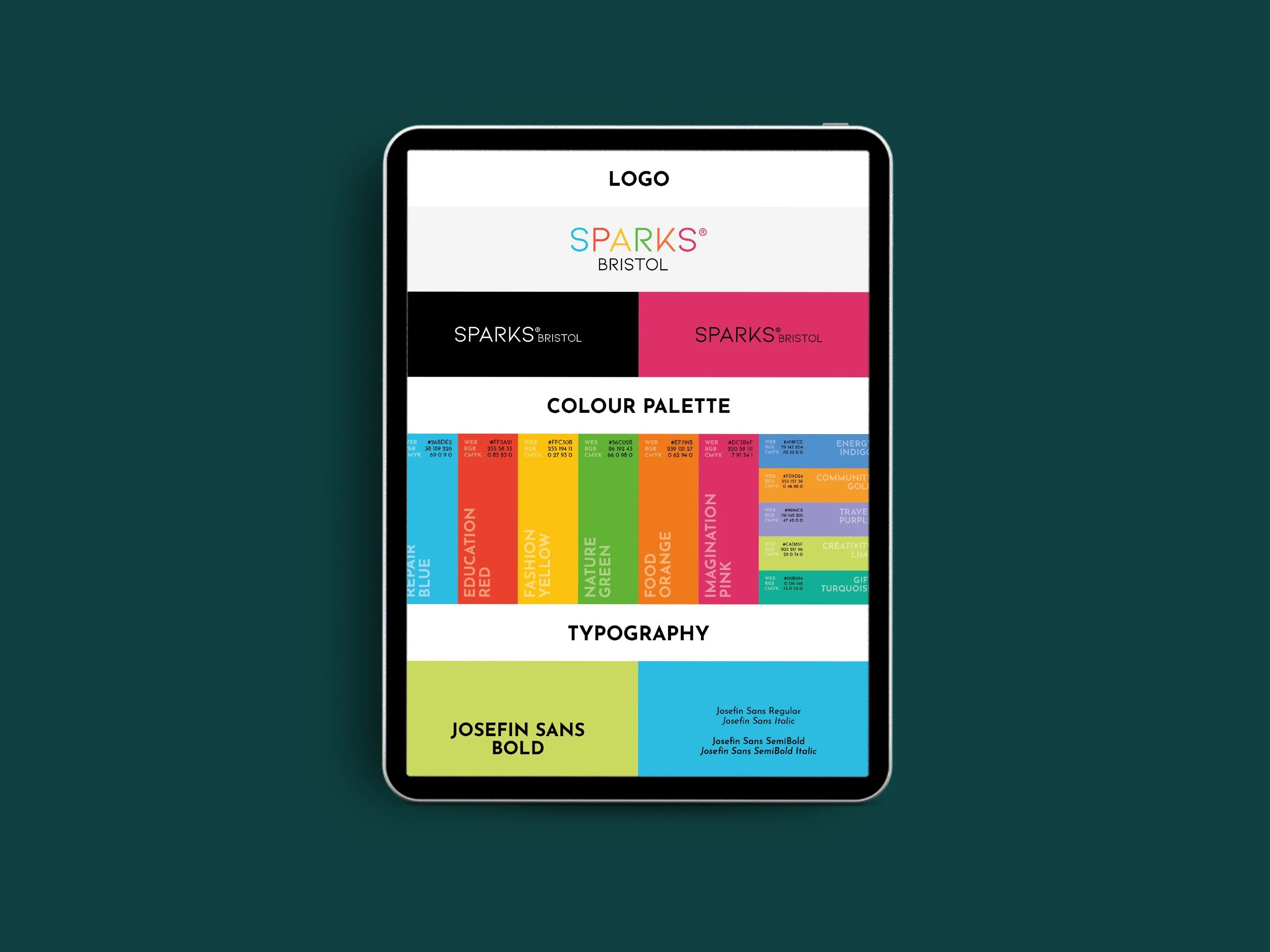 A digital device screen shows the brand guidelines for Sparks Bristol, with logos, colours and typography styles outlined. The Sparks Bristol branding was designed by Sprout Design.