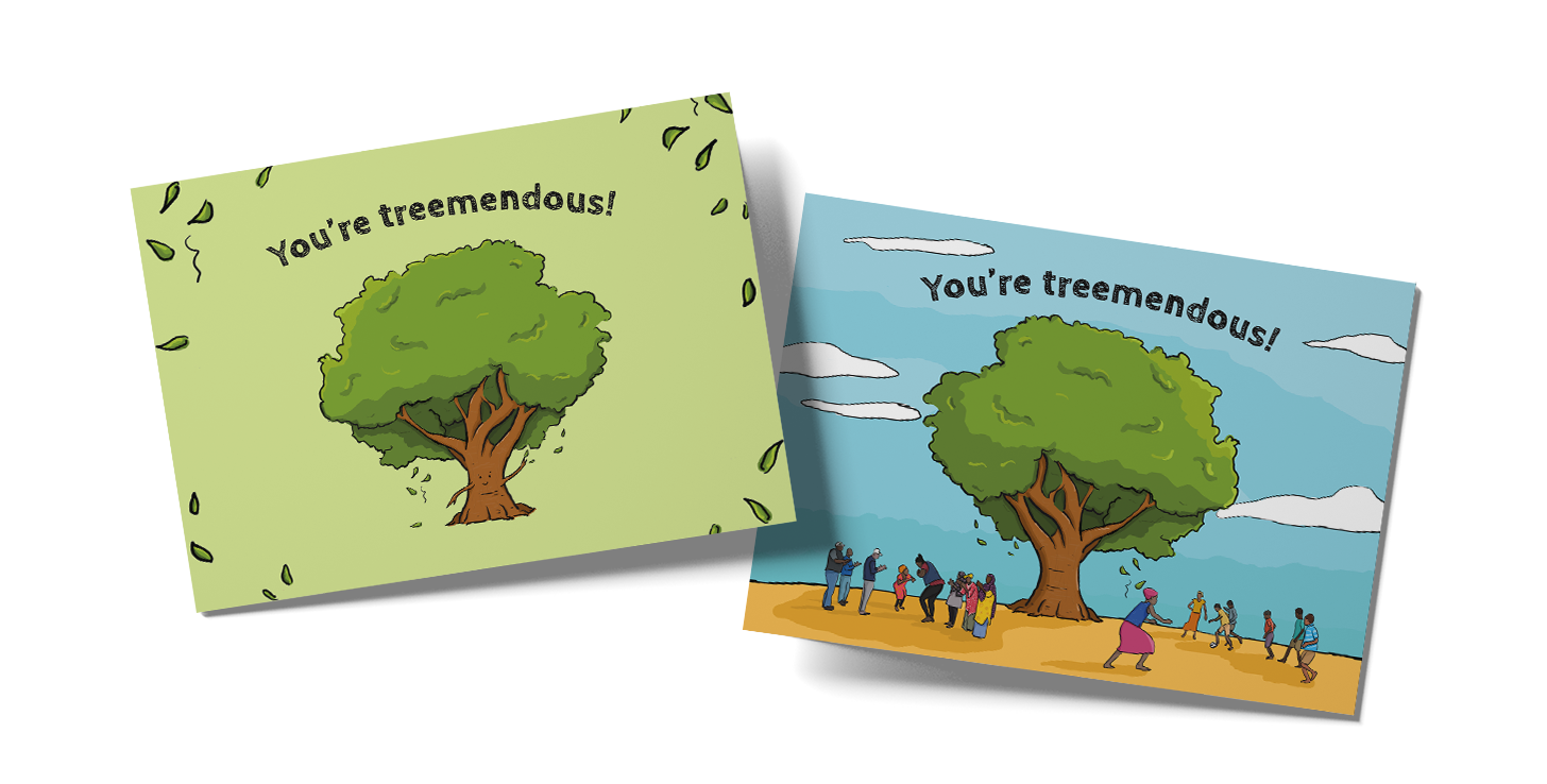Two greeting cards with the message "You're treemendous!"; one card features a simple tree illustration with leaves falling, and the other shows a large tree with people gathered around it on a beach under a blue sky with clouds.