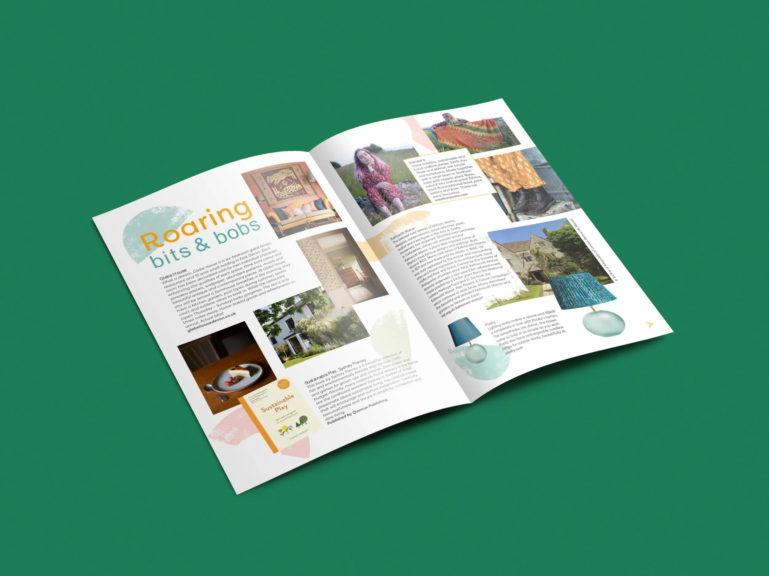 Open copy of Lionheart magazine with articles about interior design and local attractions on a green background.