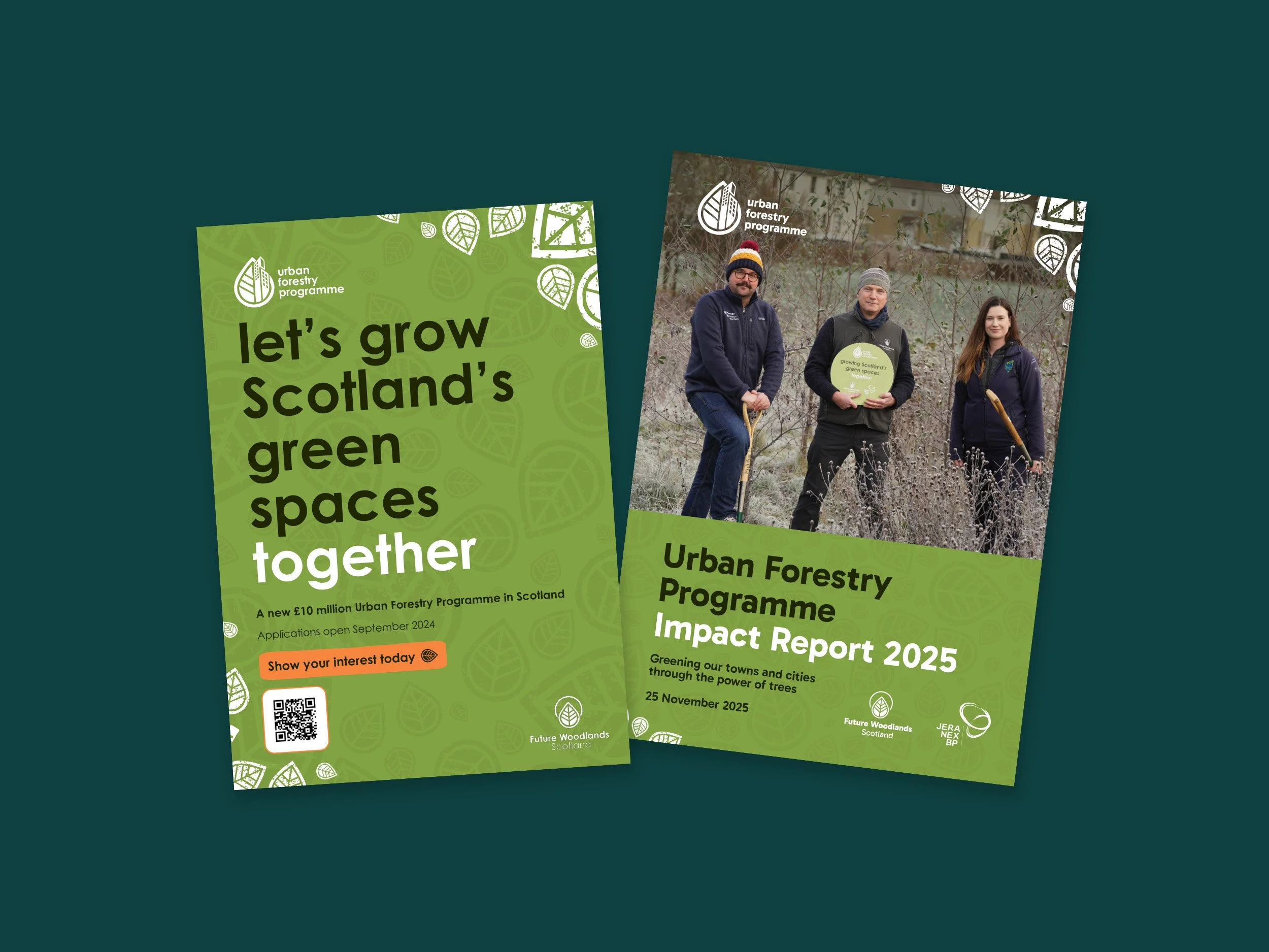 Two flyers promoting the Urban Forestry Programme for Future Woodlands Scotland encouraging people to join the campaign. The flyers were designed by Sprout Design.