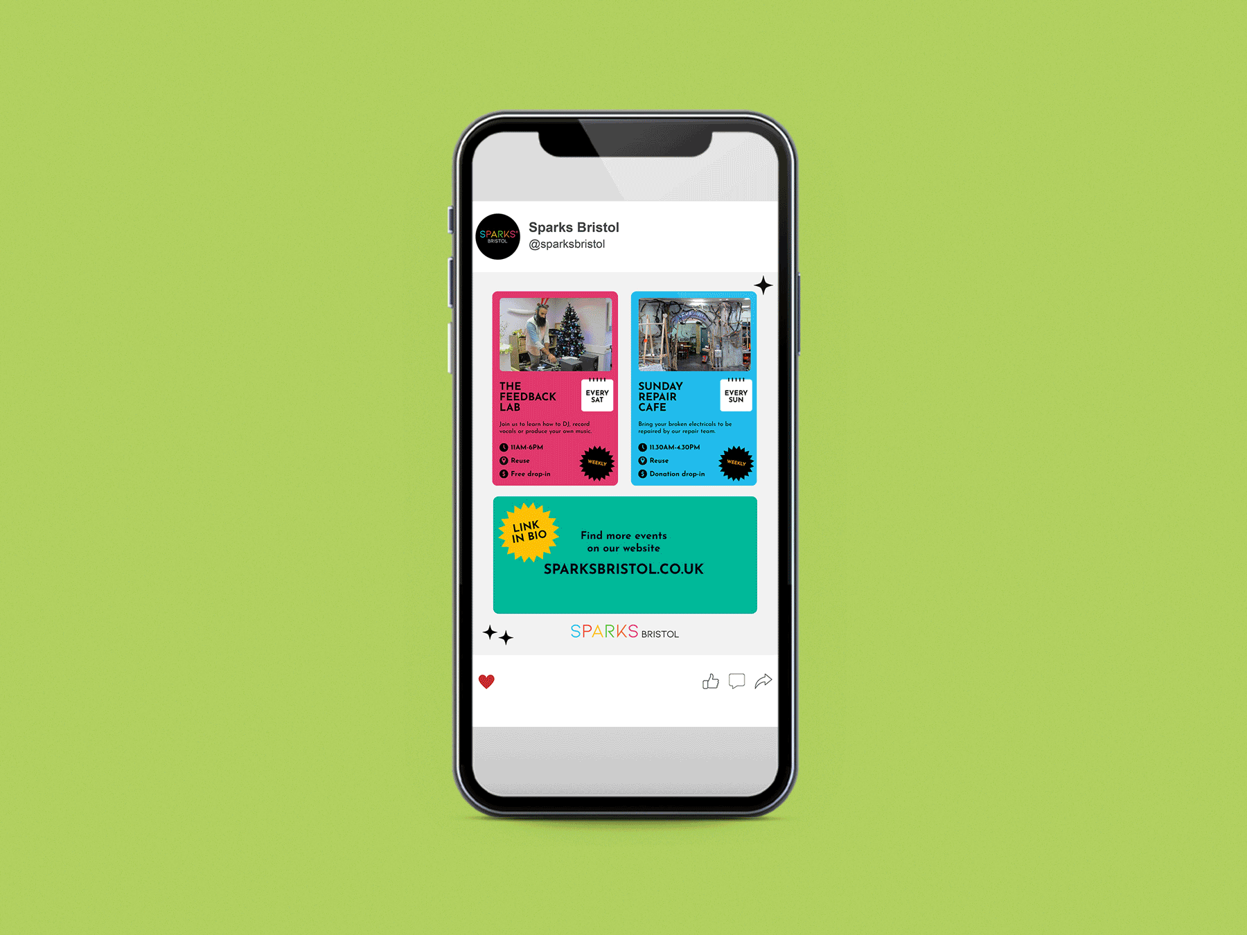A smartphone displaying a social media post for Sparks Bristol, featuring colorful event listings for the month.