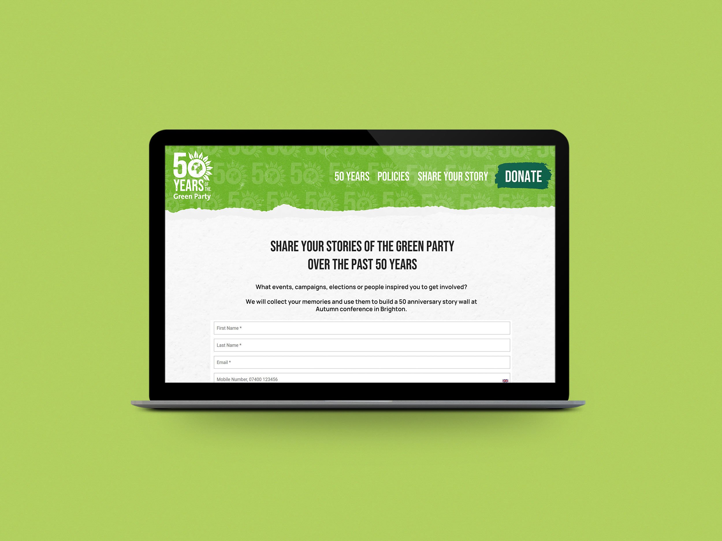Laptop screen displaying a website for the 50 Years of the Green Party, emphasizing policies and storytelling, with a turquoise "DONATE" button, set against a green background.