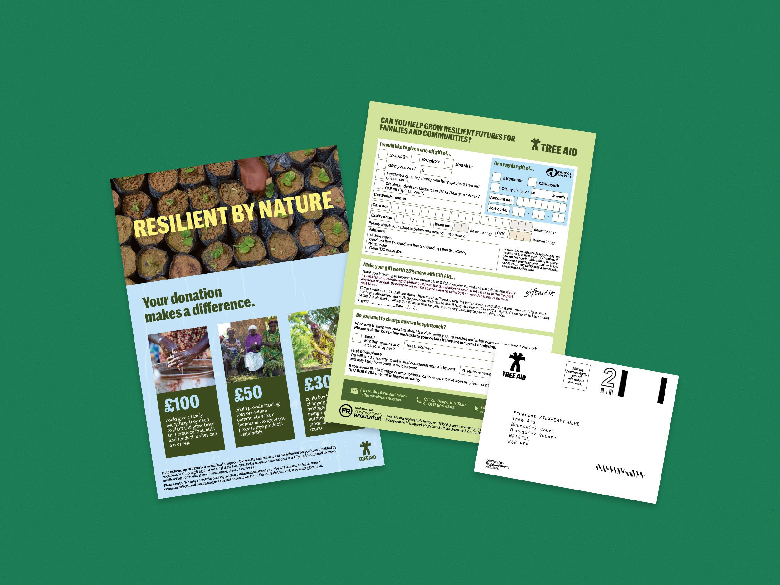 The front and back of a donation form, one with a photo of small seedlings in black pots and the text "Resilient by Nature." The forms mention giving options and contact details for Tree Aid.