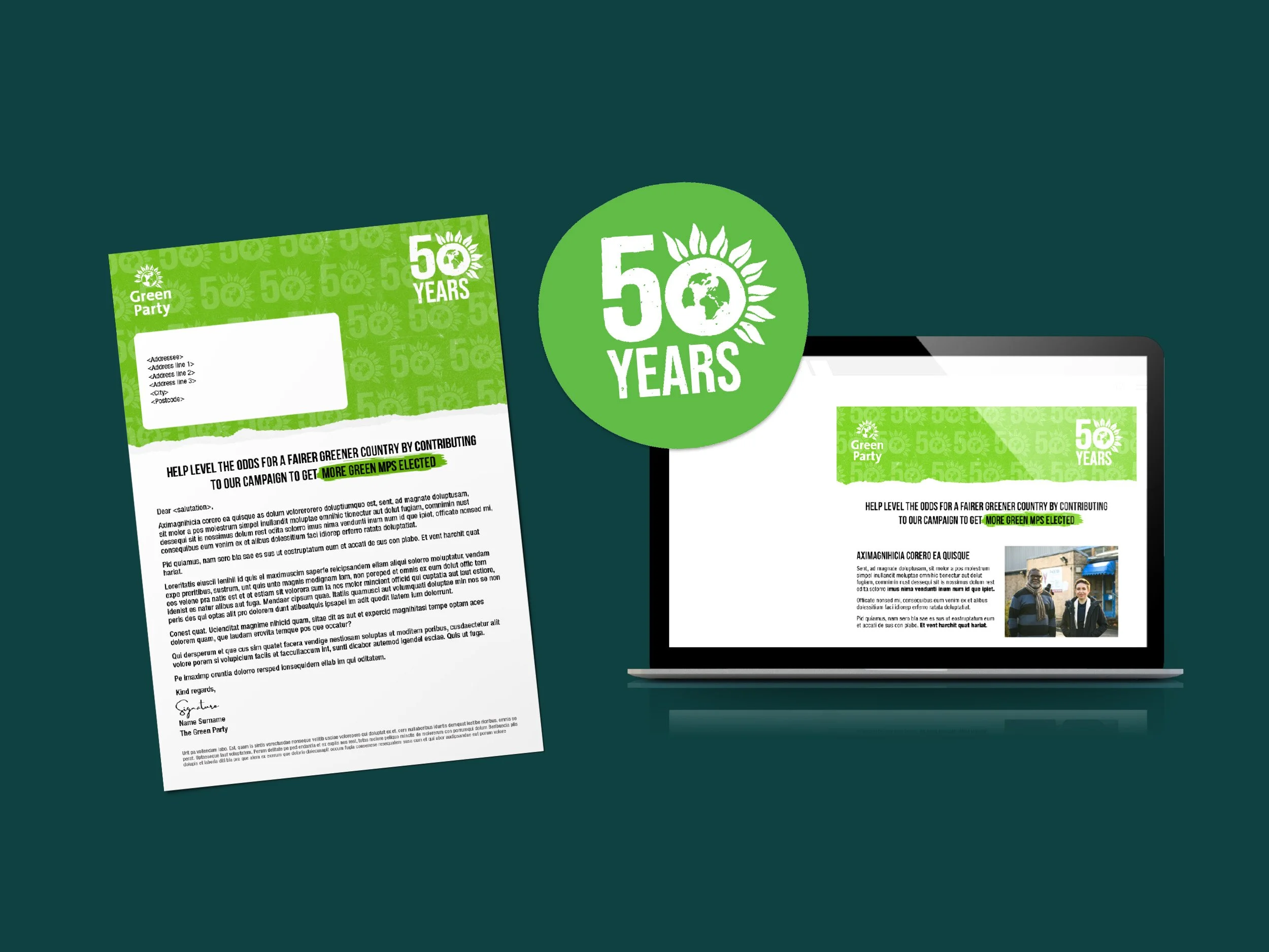 A mockup of a letter celebrating the 50th anniversary of the Green Party, is shown next to a laptop displaying an email mockup of the same content. There is a 50th anniversary sticker over the top. The campaign branding was designed by Sprout Design.