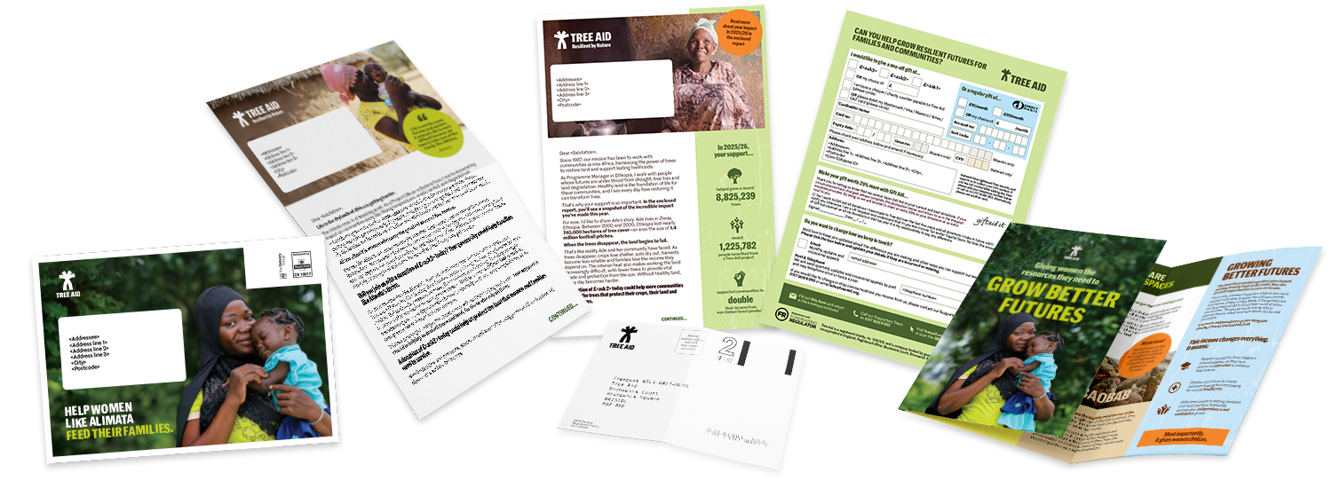 Collection of printed materials from Tree Aid, including brochures, flyers, and addressed envelopes.