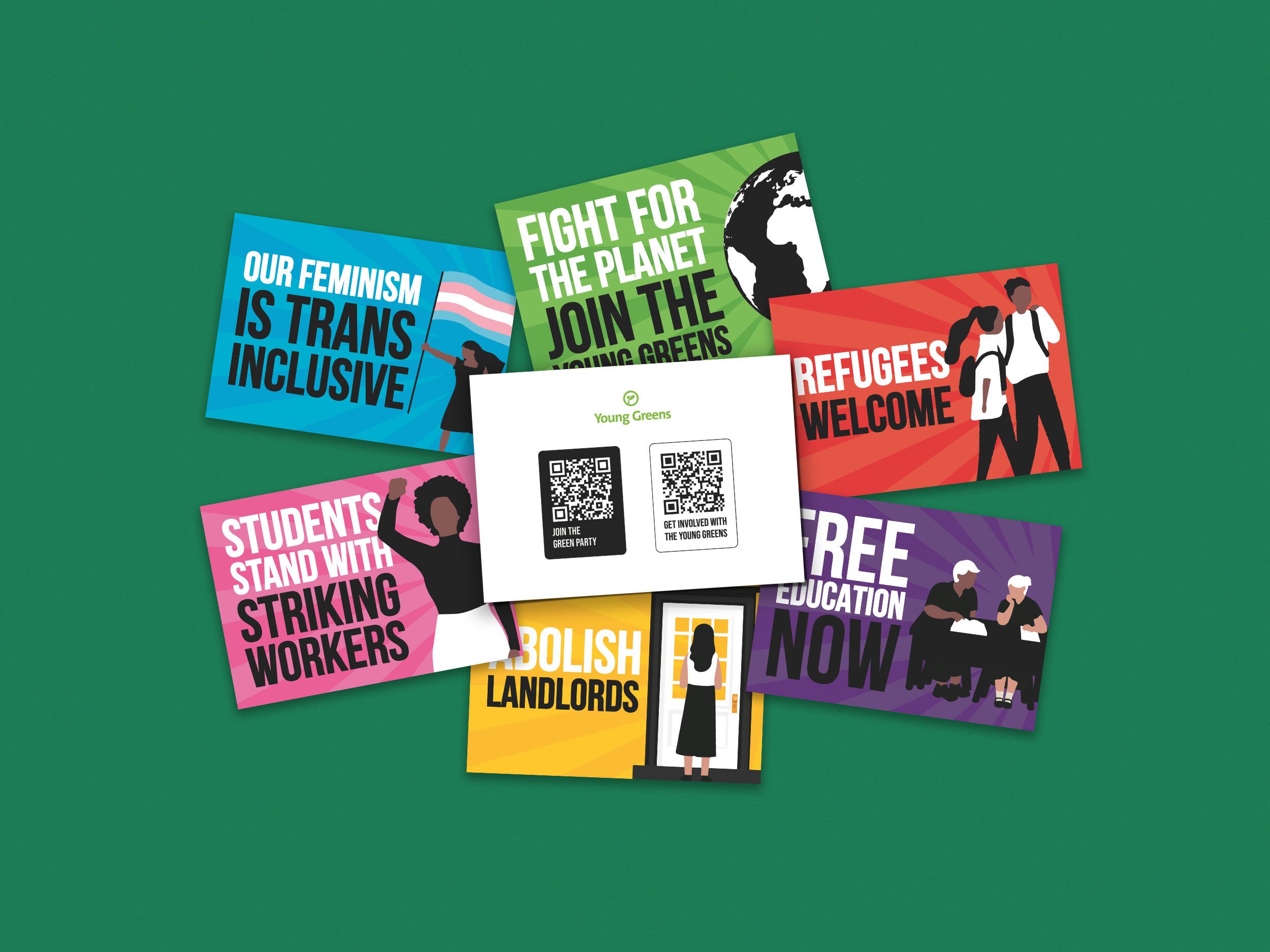 Colorful postcards for The Young Greens with messages supporting feminism, climate action, refugee welcoming, and striking workers, laid out on a green background.