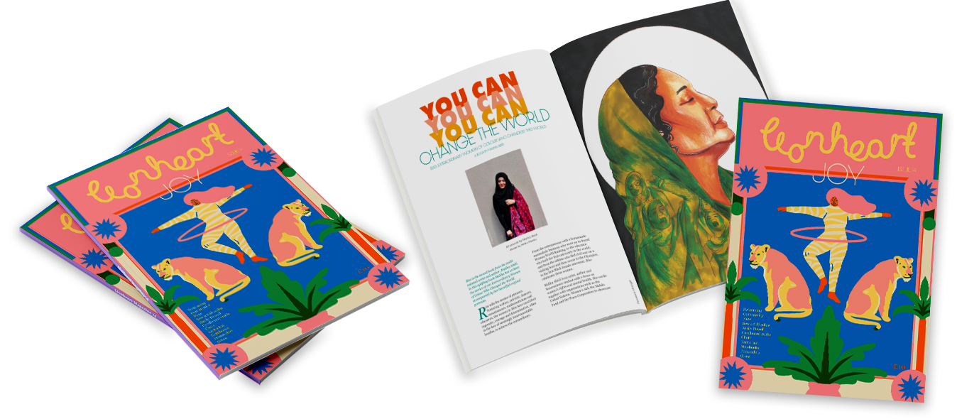 Two colourful 'Lionheart' magazines covers next to an open magazine displaying an open double page spread with an article.