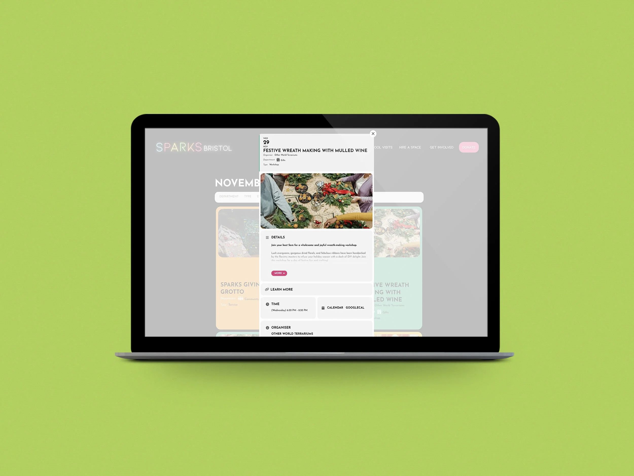 A computer screen displaying a webpage for Spark Bristol, with a workshop titled 'Festive Wreath Making with Mulled Wine' scheduled for November 29th. 