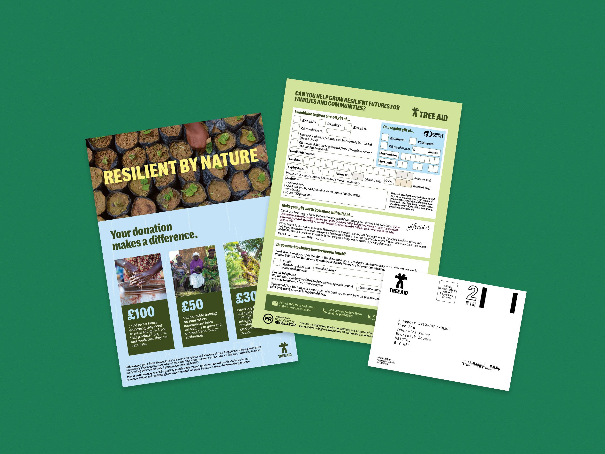 The front and back of a donation form, one with a photo of small seedlings in black pots and the text "Resilient by Nature." The forms mention giving options and contact details for Tree Aid.