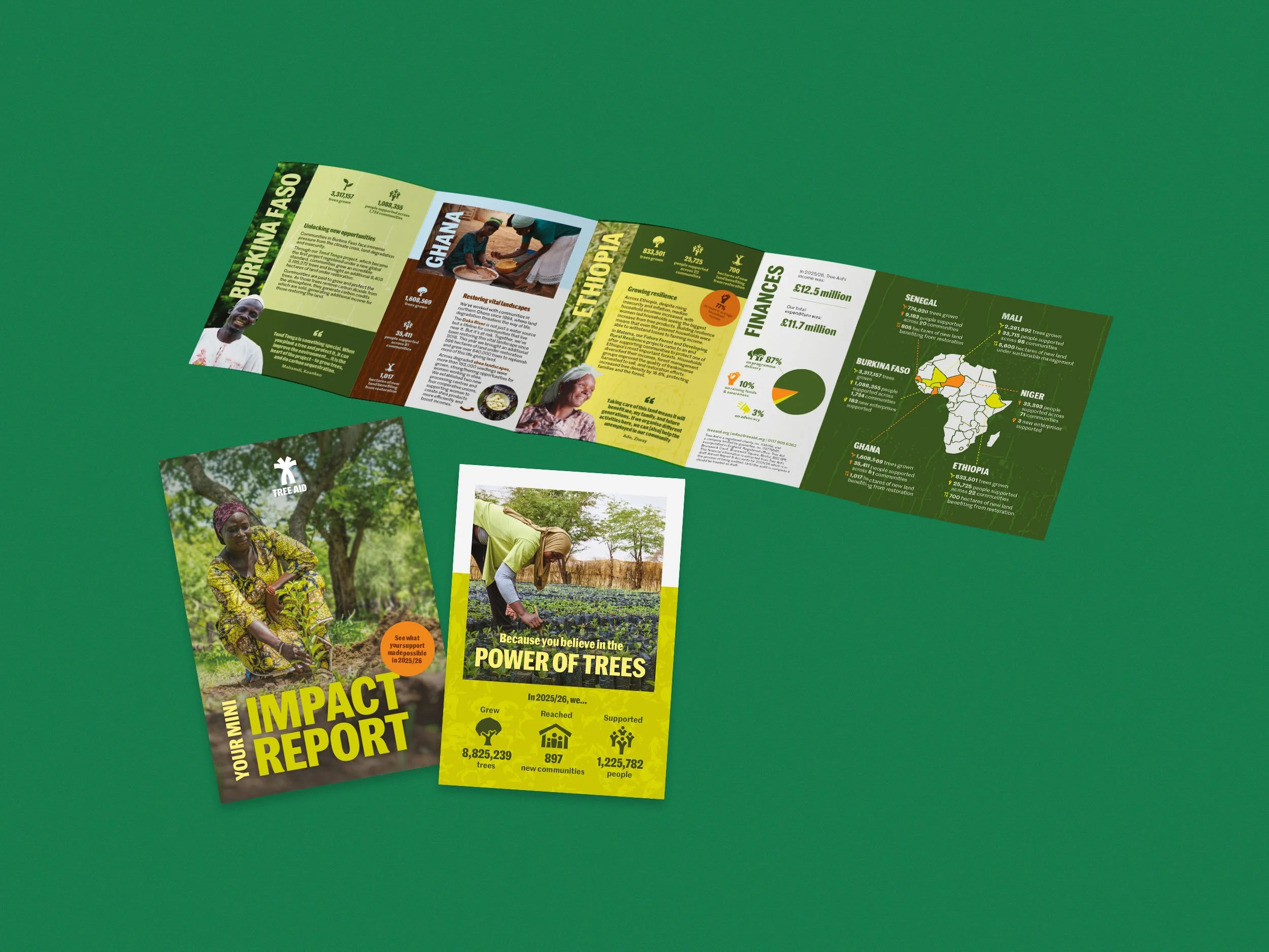 10 page accordion-fold report titled 'Impact Report' for Tree Aid featuring images of people planting trees and information about tree planting efforts in various African countries, focusing on reforestation and community support.