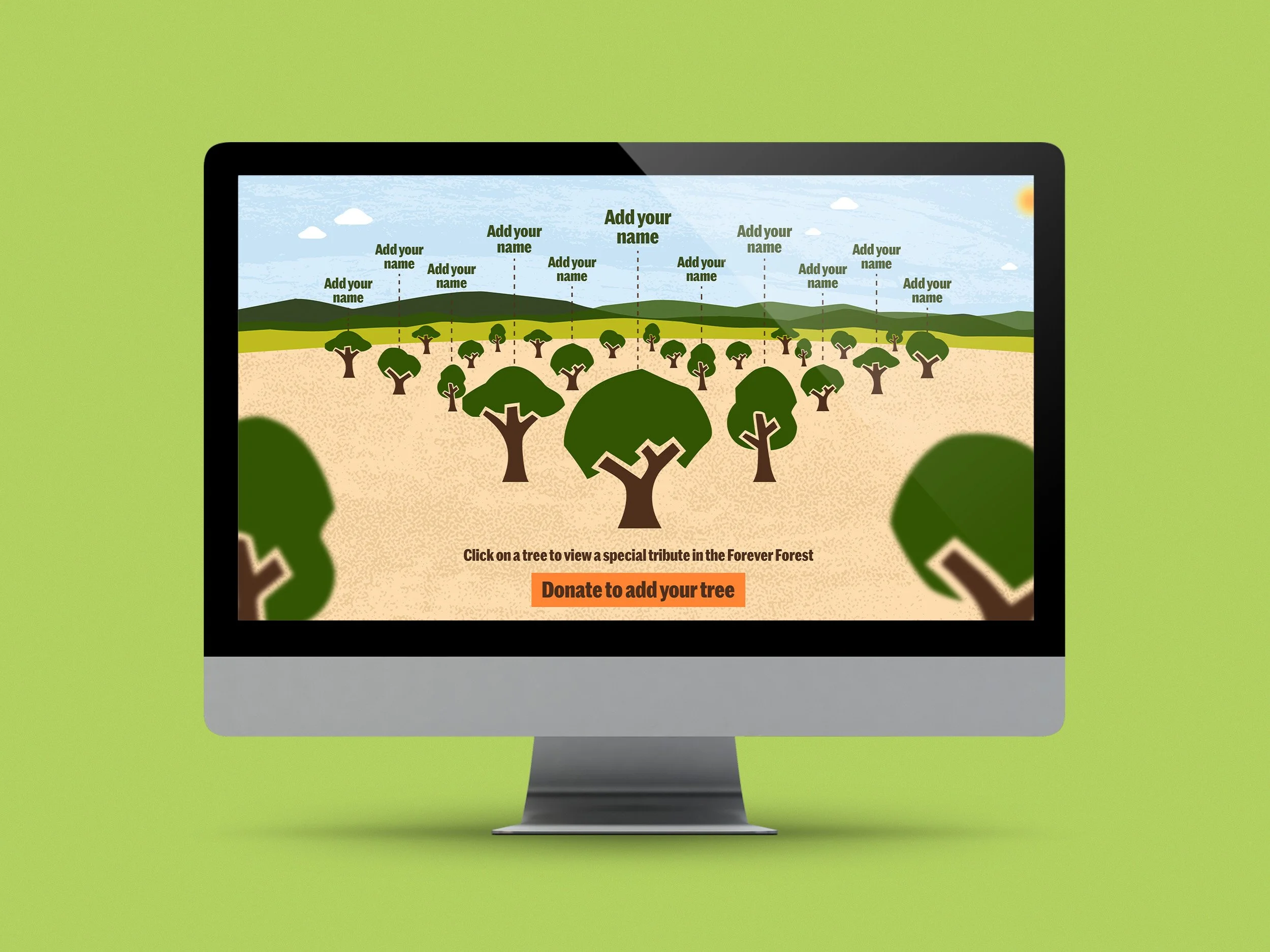 Computer monitor displaying a virtual tree planting website tool for Tree Aid where you can donate and have a virtual tree named after you or someone you love in the online forest.