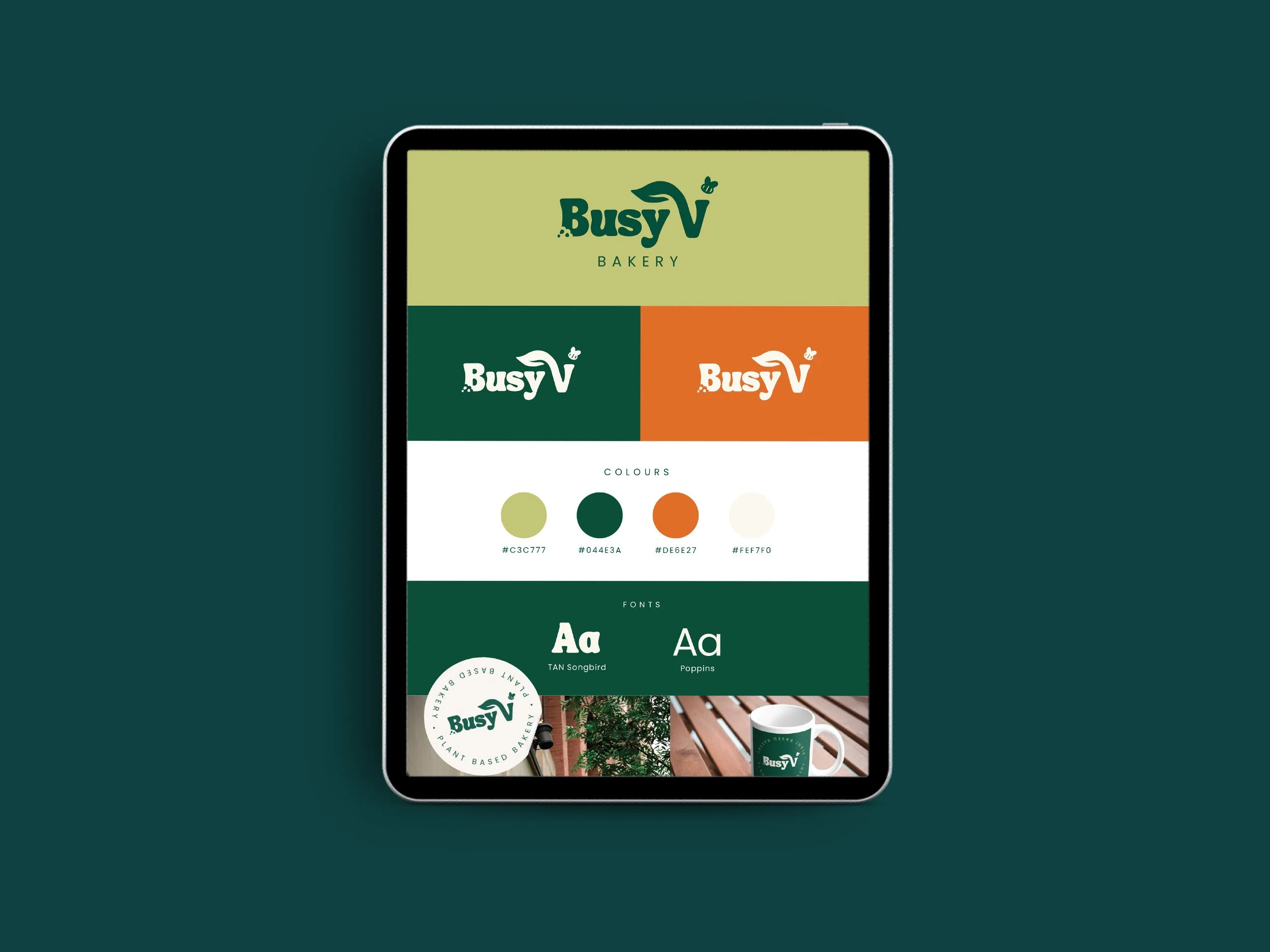 A digital device screen show the brand guidelines for Busy V Bakery, displaying logo variations, color palette, and font options. The branding was designed by Sprout Design.