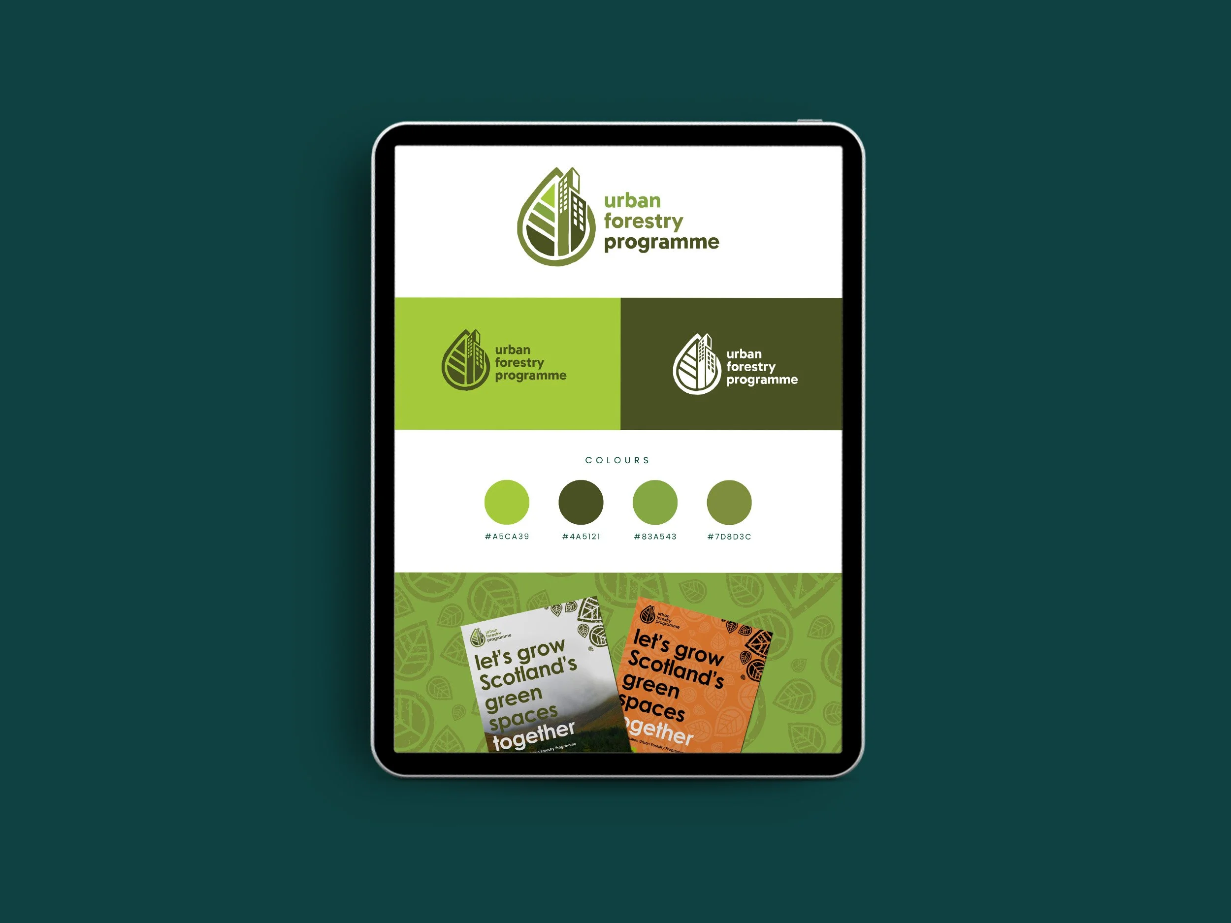 A digital device screen shows the brand guidelines for the Urban Forestry Programme campaign from Future Woodlands Scotland, with lgoos, colours and mock-up posters. The campaign branding was designed by Sprout Design.